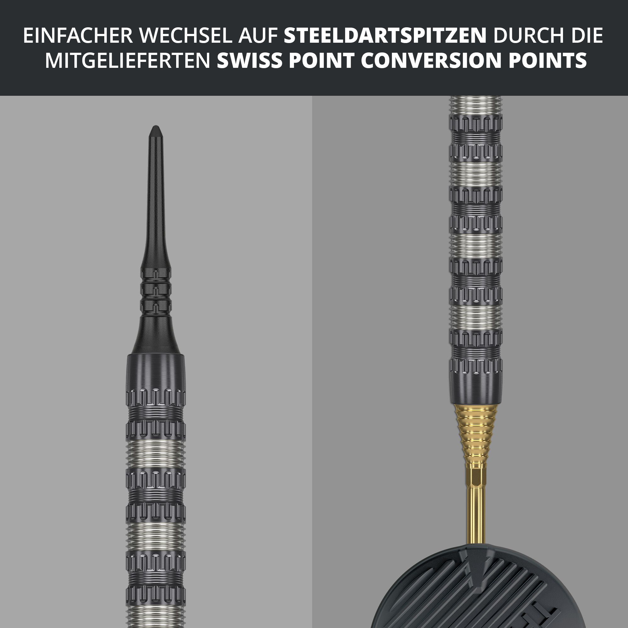 Fléchettes souples Target Rob Cross 95K Swiss Point - 18 g Das Bild zeigt den Target Rob Cross 95K Swiss Point Softdart mit 18g Gewicht. Es wird darauf hingewiesen, dass ein einfacher Wechsel auf Steeldartspitzen durch die mitgelieferten Swiss Point Conversion Points möglich ist.