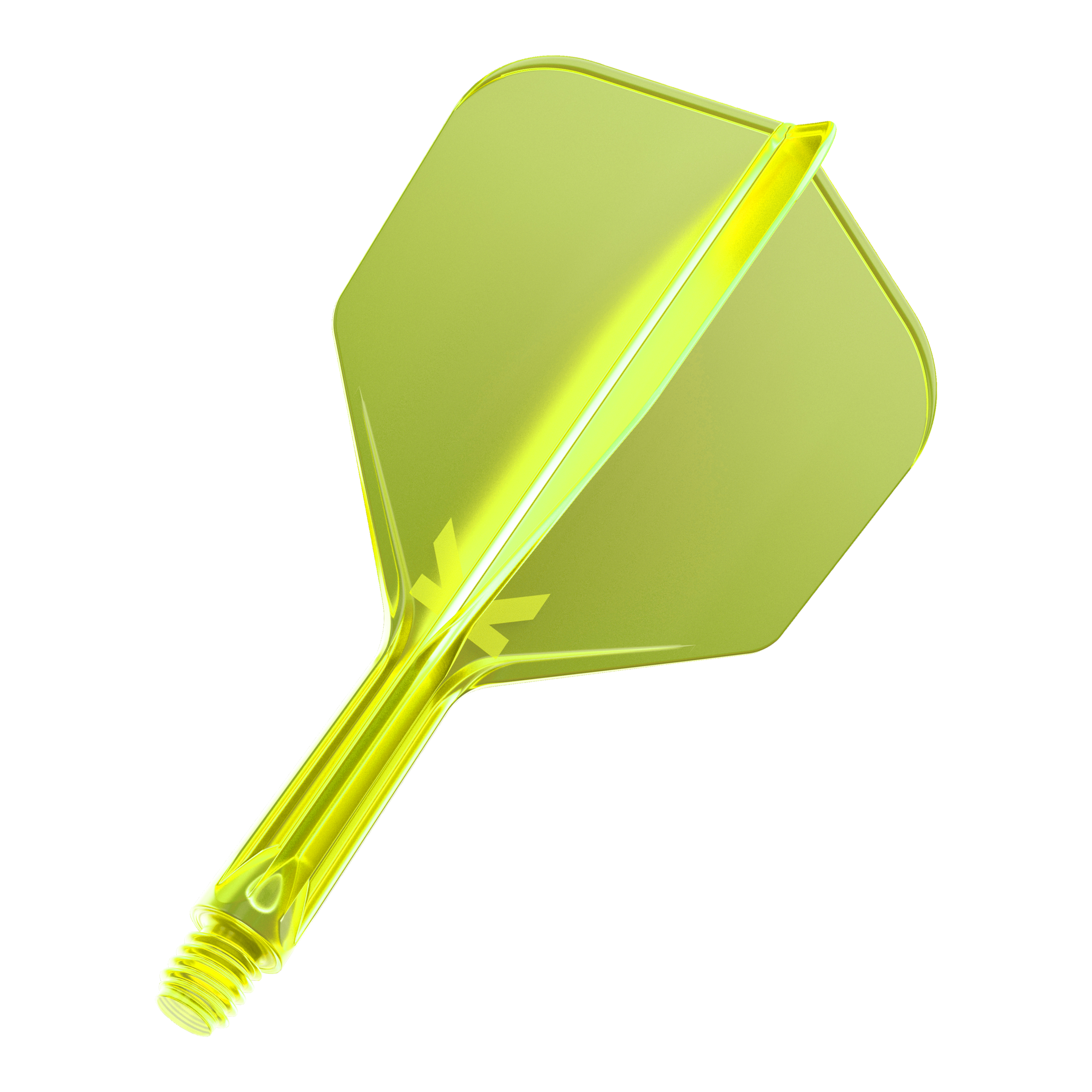 Système de vol Target K-Flex No6 - Jaune fluo Das Bild zeigt einen neon-gelben Dartflug mit integriertem Schaft. Das Material wirkt durchsichtig und hat eine glänzende Oberfläche.