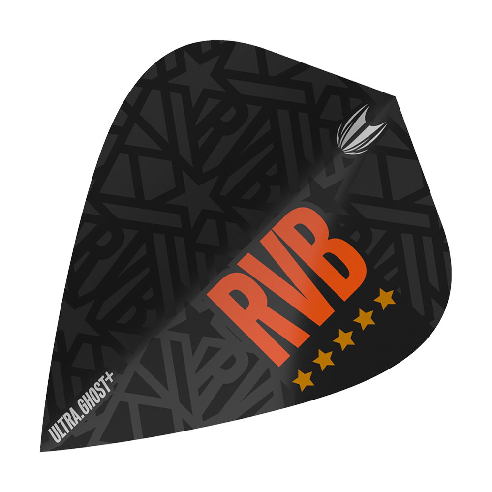 Vols de cerf-volant Target UltraGhost Raymond Van Barneveld GEN2 Dies ist ein Target UltraGhost Raymond Van Barneveld GEN2 Kite Flight. Das Flight ist schwarz mit großen orangen Buchstaben "RVB" und fünf gelben Sternen gestaltet.