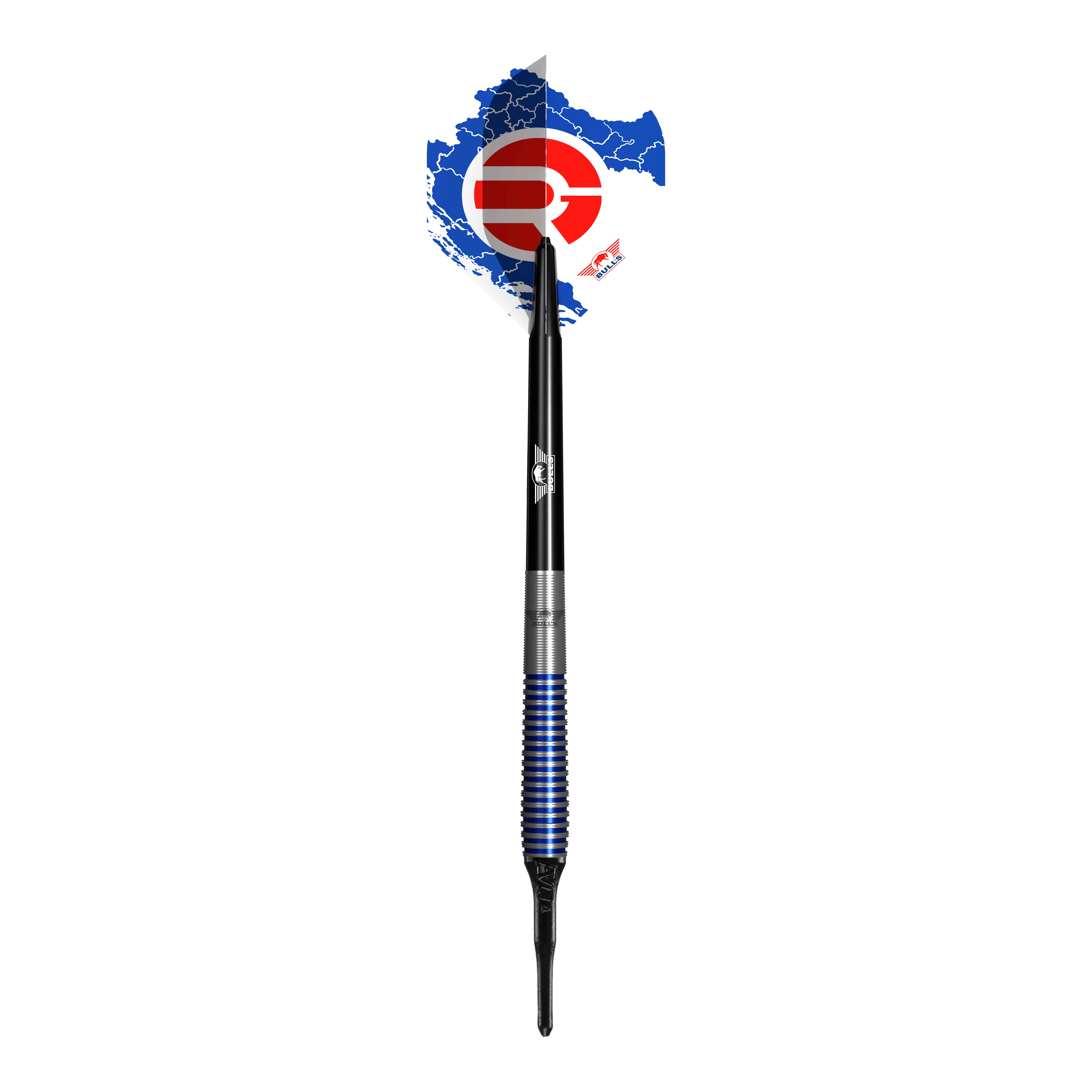 Fléchettes souples Bulls NL Romeo Grbavac - 19 g Das Bild zeigt einen Softdart namens "Bulls NL Romeo Grbavac Softdarts- 19g". Der Dart hat ein markantes Design mit blauen und silbernen Ringen am Griff sowie einer schwarz-weißen Flights mit roten und blauen Akzenten.