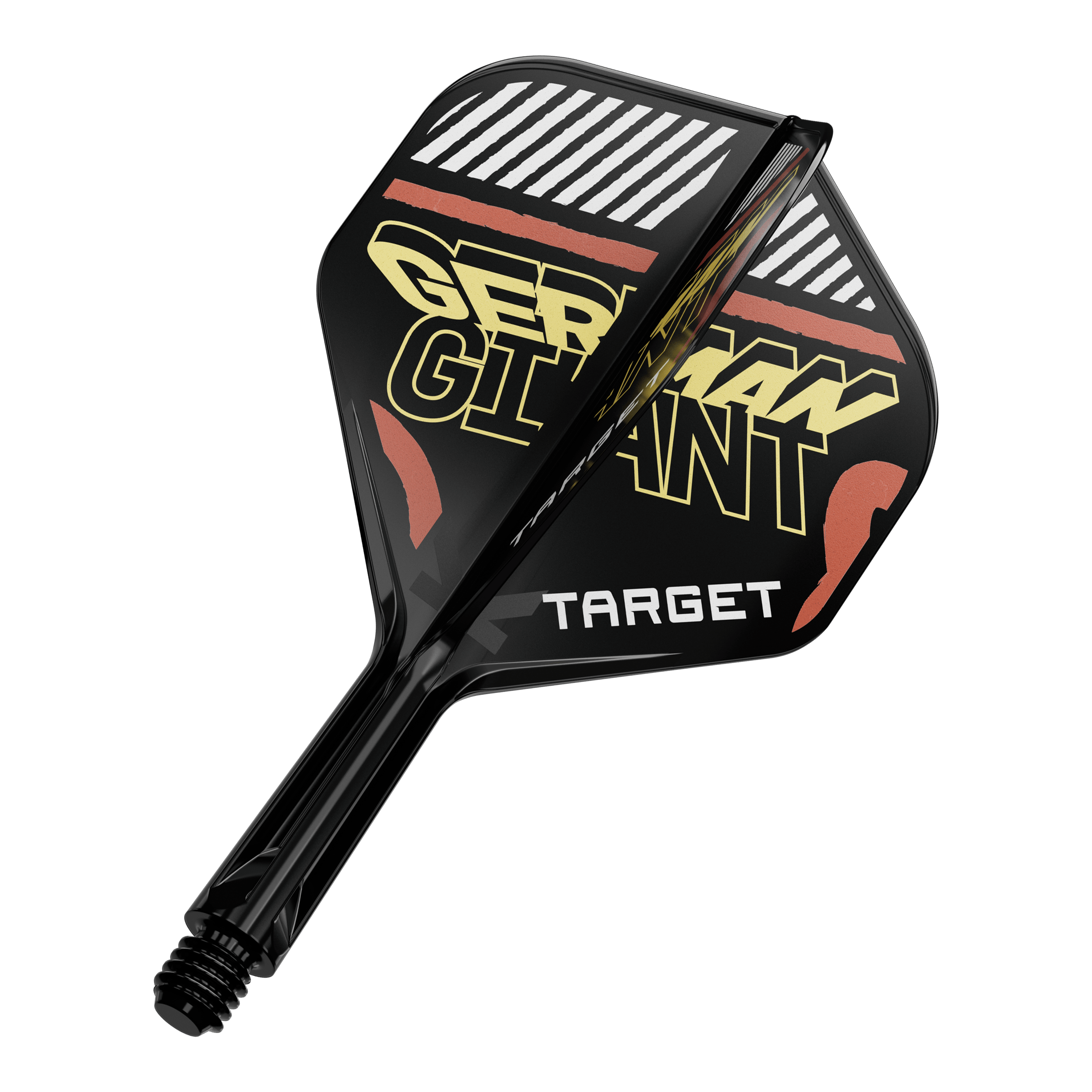 Système d'arbre de vol standard Target K-Flex Gabriel Clemens No2 Das Bild zeigt eine schwarze Dartflügel- und Schaftkombination mit der Aufschrift "GERMAN GIANT" und "TARGET". Die Farben sind hauptsächlich Schwarz, Gelb und Rot.