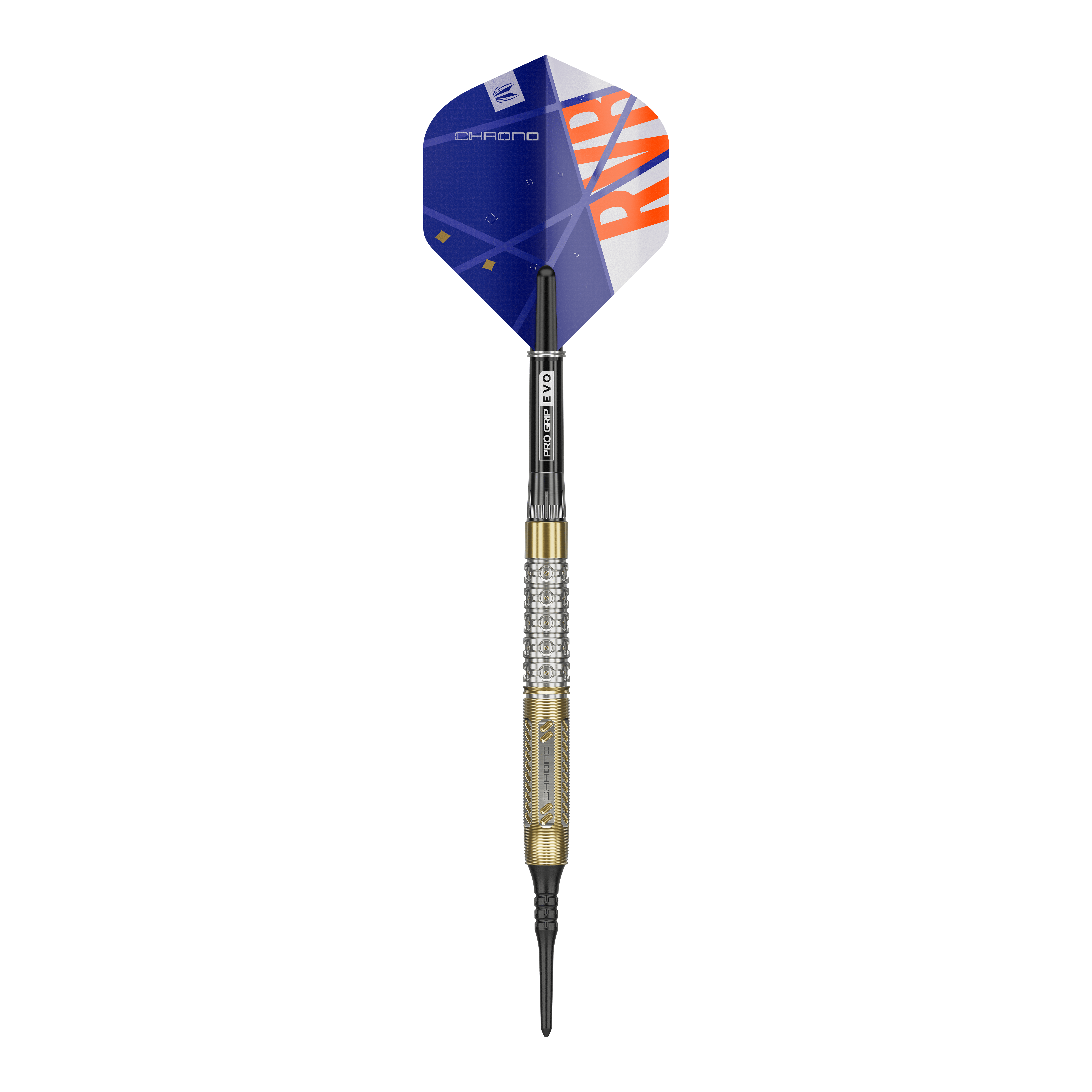 Target Raymond Van Barneveld Chrono 95 fléchettes souples Der Target Raymond Van Barneveld Chrono 95 Softdart ist auf dem Bild zu sehen. Der Dart hat eine goldene und silberne Griffzone sowie blaue Flights mit orangenem Aufdruck.