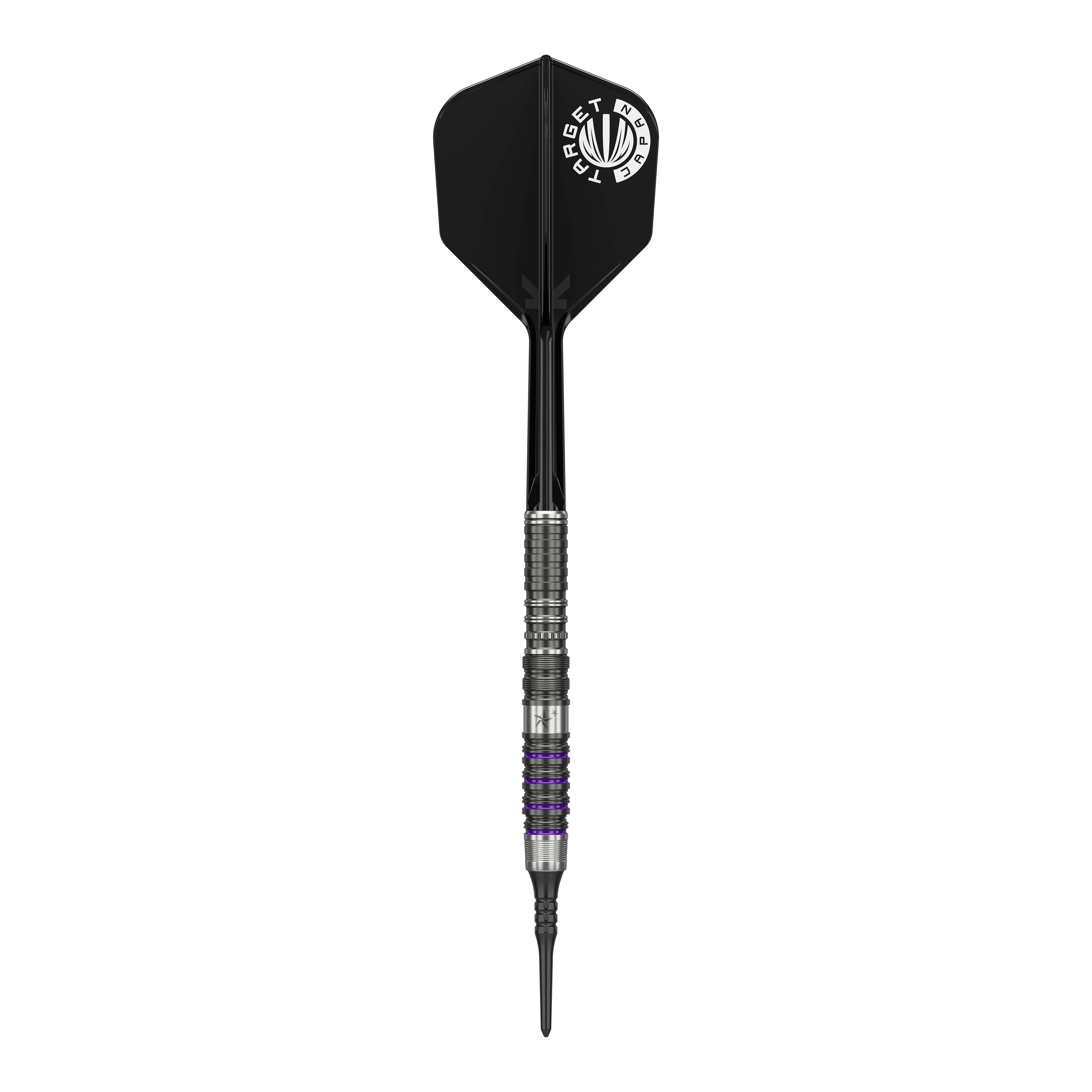 Fléchettes souples Target Japan Prime Series Yuta Hayashi Sirius GEN3 MAX - 21,5 g Das Bild zeigt einen Softdart aus der Target Japan Prime Series, Modell Yuta Hayashi Sirius GEN3 MAX mit einem Gewicht von 21,5g. Der Dart hat ein silbernes Griffstück mit schwarzen und lila Akzenten sowie eine schwarze Flight mit weißem Aufdruck.
