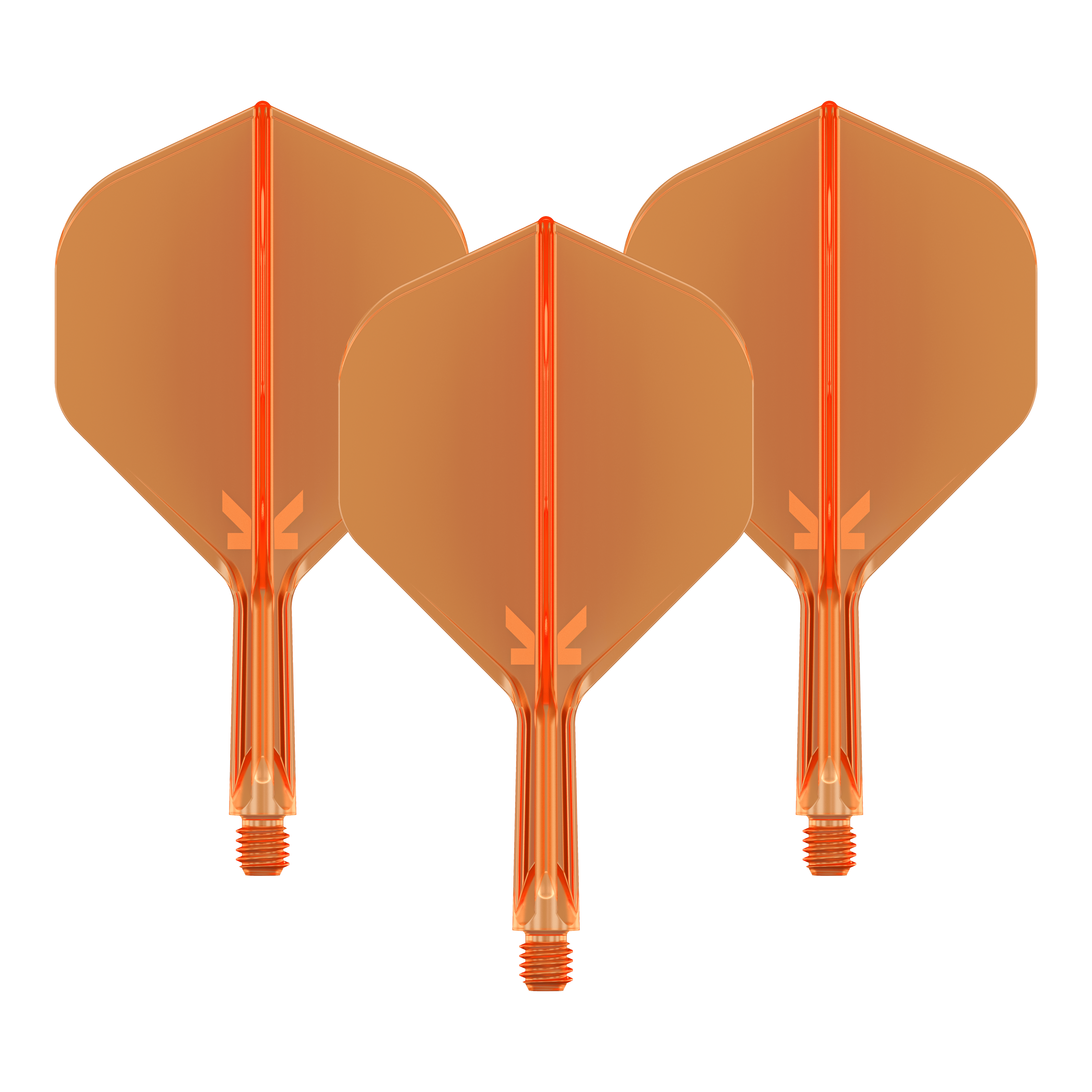 Système de vol standard Target K-Flex No2 - Orange fluo Das Bild zeigt drei neonorange Dartflights mit Shafts. Sie sind in einer Reihe nebeneinander angeordnet und haben eine transparente Optik.