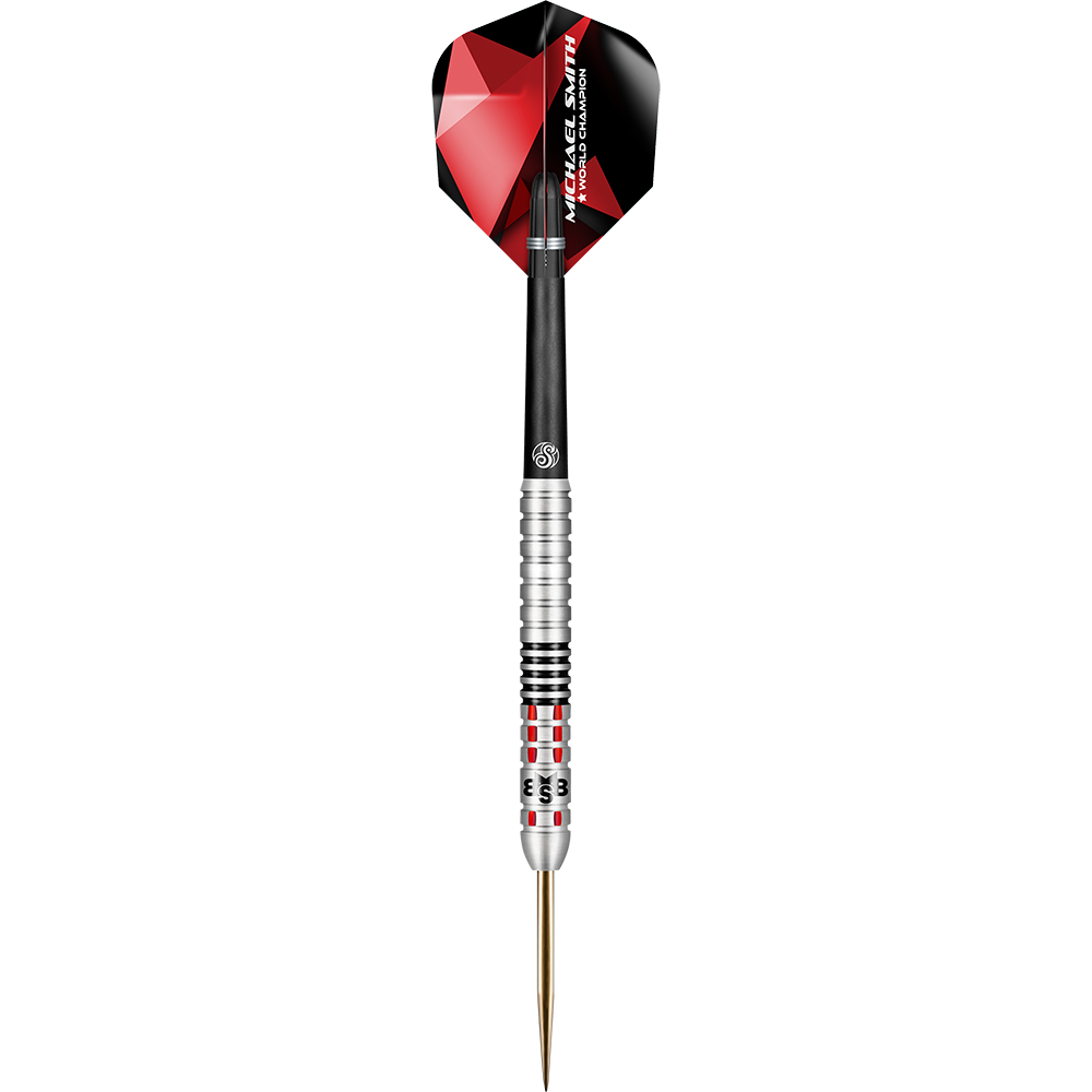 Shot Michael Smith atteint des fléchettes en acier Auf dem Bild ist ein Steeldartpfeil mit einem silbernen, schwarzen und roten Design zu sehen. Am Dartflight steht der Name "Michael Smith" und "World Champion".