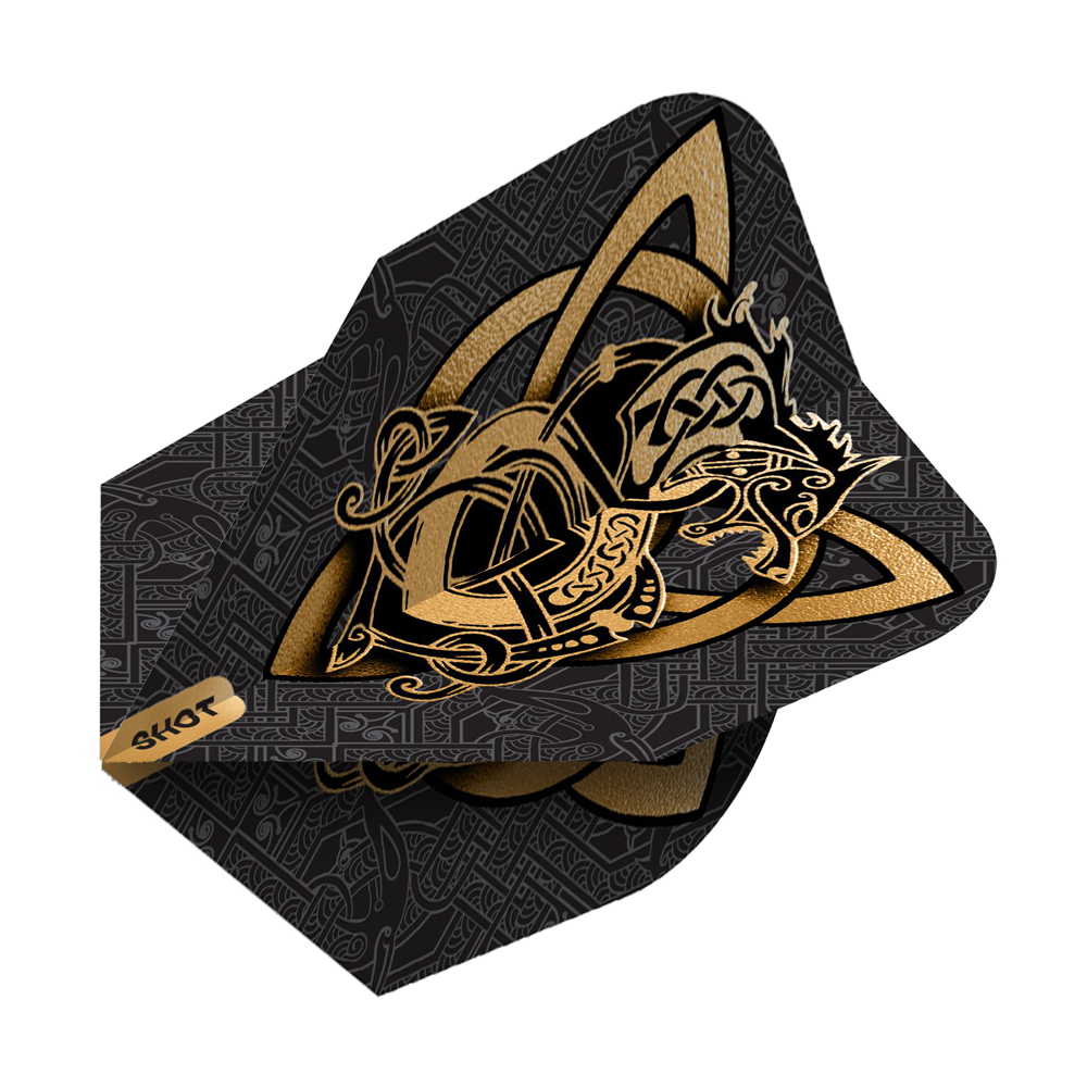 Vols Shot Viking Wolf n° 6 Das Bild zeigt die Shot Viking Wolf No6 Flights mit einem eindrucksvollen goldenen Wikinger-Wolf-Design auf schwarzem Hintergrund. Die Flights sind mit detailreichen, nordisch inspirierten Mustern verziert.