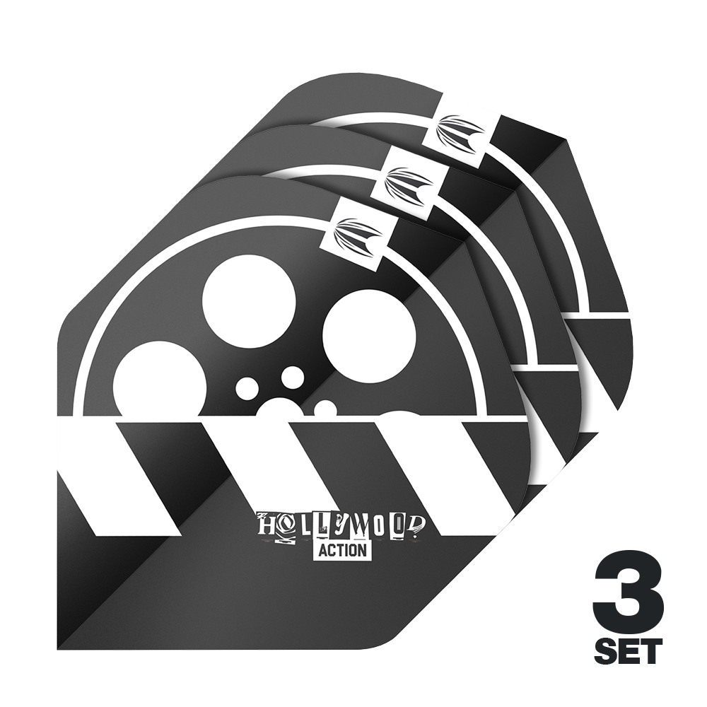 Target Pro Ultra Chris Dobey Hollywood Action No2 Standard Flights - 3 jeux Das Bild zeigt drei Sätze Target Pro Ultra Chris Dobey Hollywood Action No2 Standard Flights für Dartpfeile. Das Design ist schwarz-weiß mit einem Filmrollen- und Klappenmotiv sowie der Aufschrift "Hollywood Action".