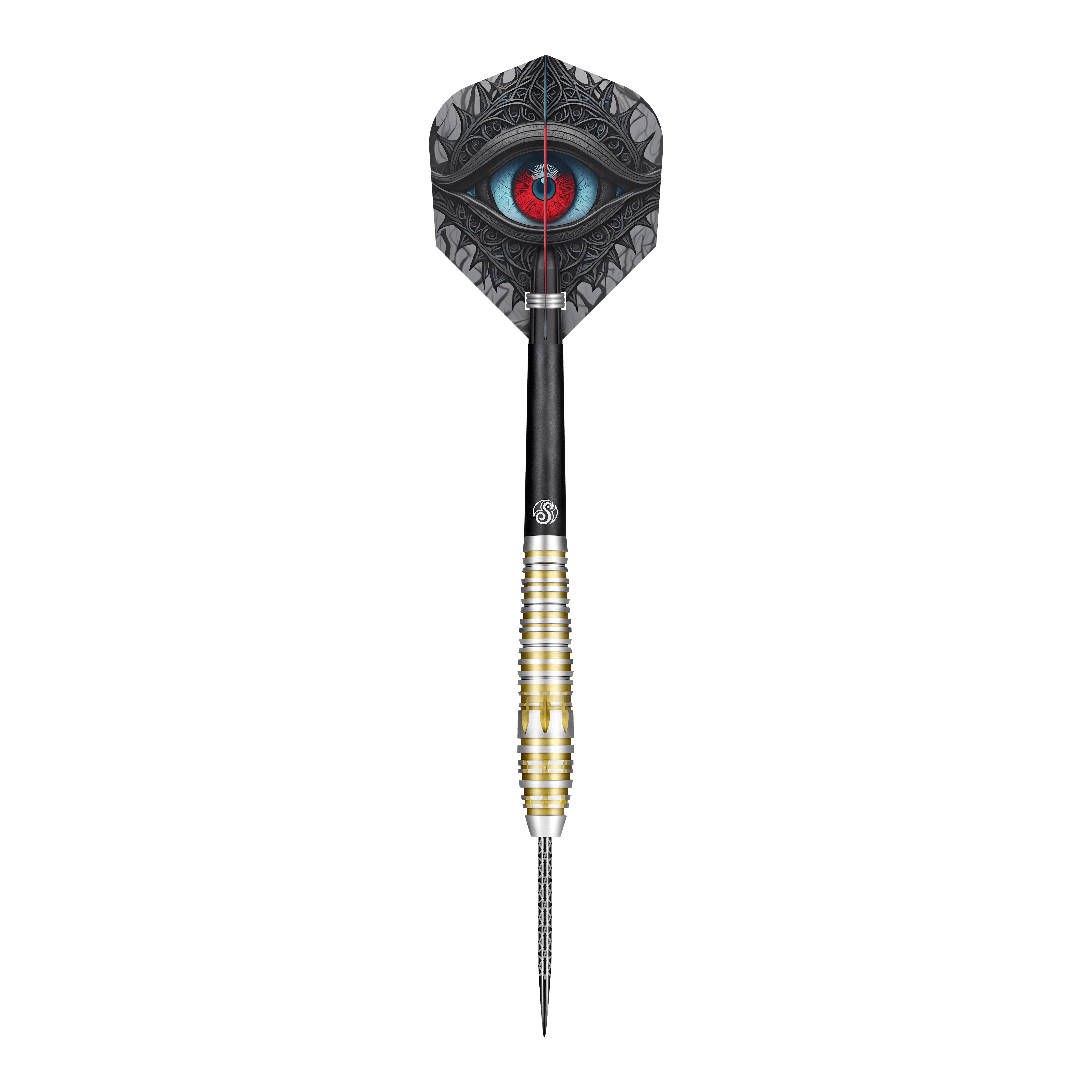 Fléchettes en acier Shot Celt Balor Dieses Bild zeigt einen Steeldartpfeil des Produkts "Shot Celt Balor Steeldarts". Auf dem Flight ist ein auffälliges Auge in blauen und roten Farbtönen abgebildet.