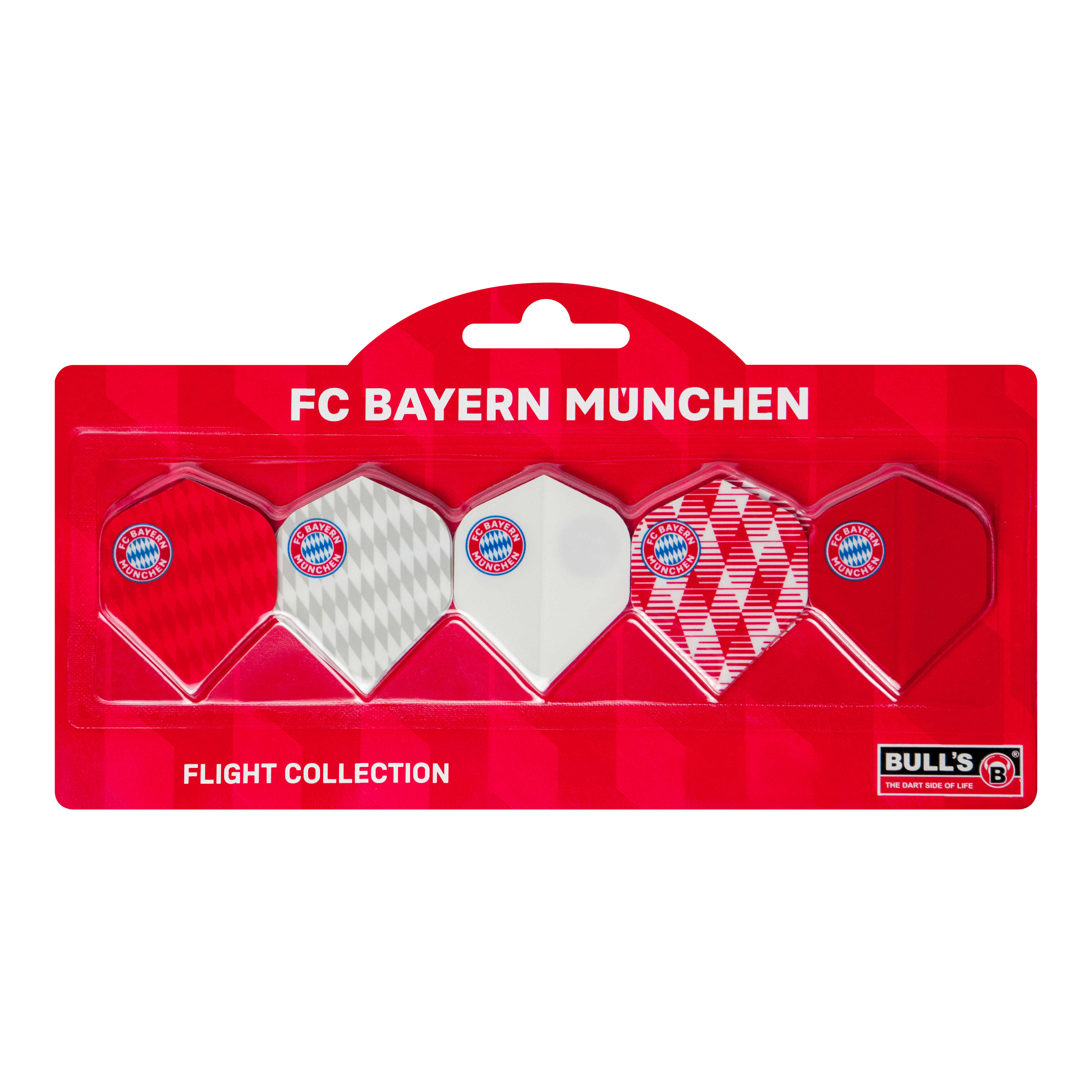 Collection de vols Bulls FC Bayern Munich - 5 ensembles Abgebildet ist die Bulls FC Bayern München Flight Collection - 5 Satz. Die Flights sind speziell für Darts im FC Bayern München-Design.