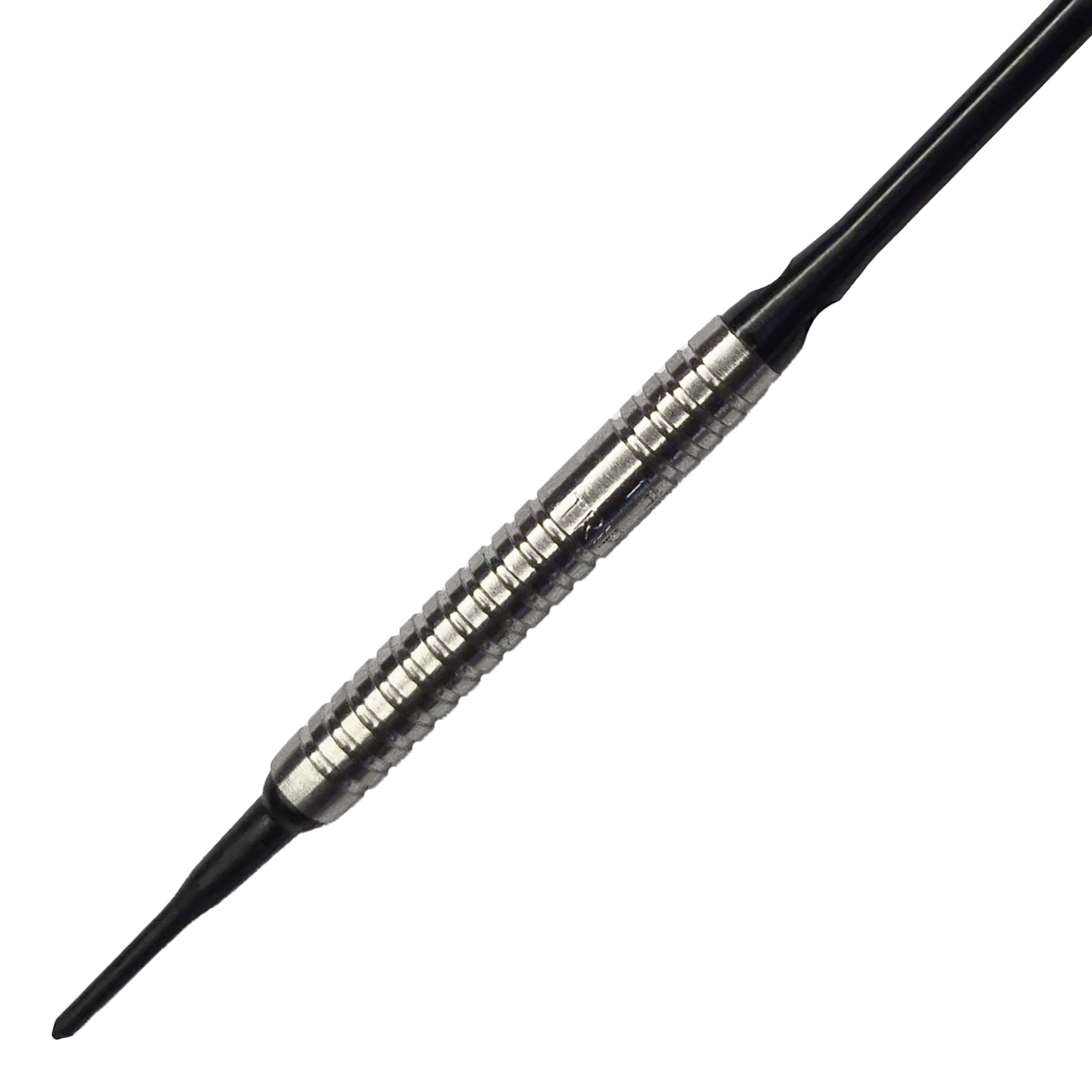 Fléchettes souples McDart 85 Tungstène V5 - 16 g Das Bild zeigt einen McDart 85er Tungsten V5 Softdart mit einem Gewicht von 16g. Der Dartpfeil hat einen silbernen, geriffelten Barrel und schwarze Spitzen.