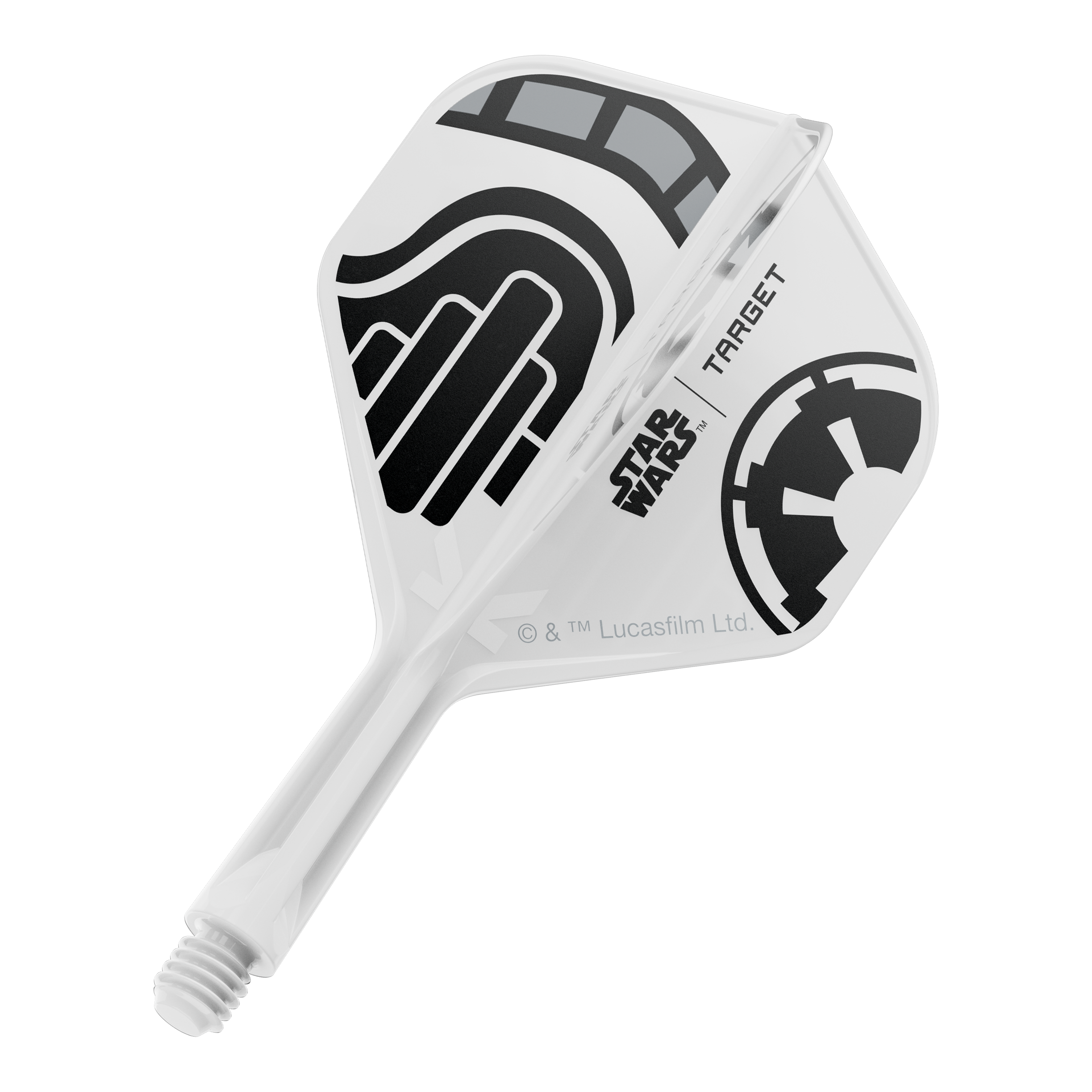 Target Star Wars K-Flex Stormtrooper No2 Vols Standard Das Bild zeigt einen kurzen Dartflügel mit dem Dateinamen 'Stormtrooper No2 Standard Flights Short 19mm 1'. Das Design ist inspiriert von der Star Wars Stormtrooper Optik.