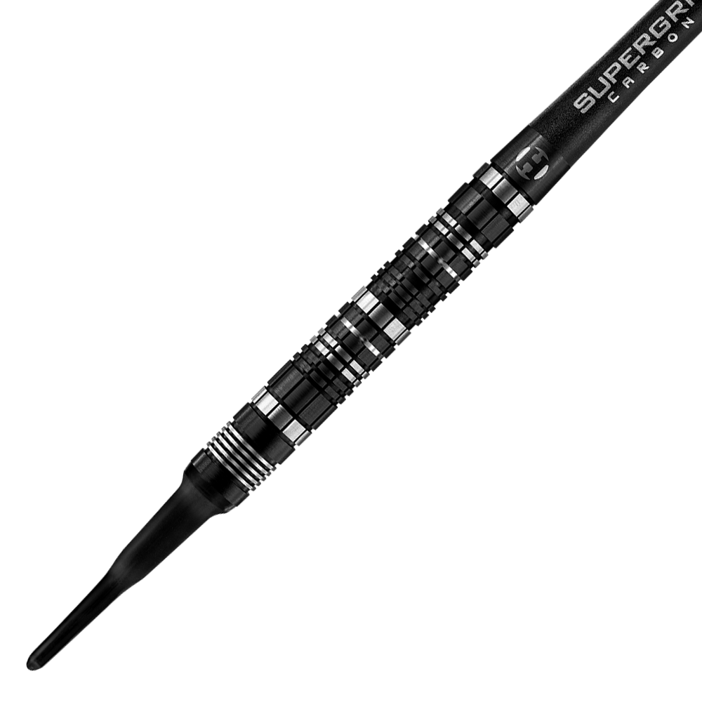 Das Bild zeigt einen Harrows Magnum Reloaded Softdart. Der Dart hat ein modernes, schwarzes Design mit silbernen Akzenten und einer geriffelten Griffzone.