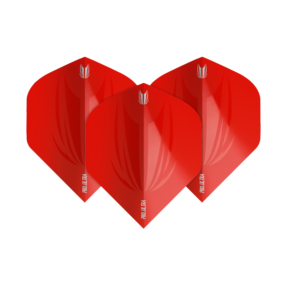 TG424_Target_ProUltra_ID_Red_No2_Standard_Flights_1uPGV1acxXimQQ Das Bild zeigt drei rote Dart Flights mit dem Namen "Target ProUltra ID Red No2 Standard Flights". Sie haben ein glänzendes Design und das Logo sowie die Aufschrift "Pro Ultra" sind aufgedruckt.