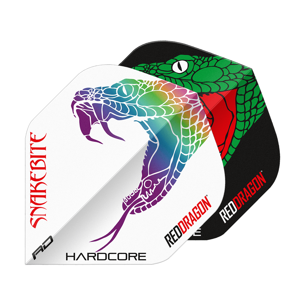 Dragon Rouge Peter Wright Morsure de Serpent Noir Blanc Yin Yang Vols Standards Das Bild zeigt zwei Dart-Flights mit auffälligen Schlangenmuster-Designs in Schwarz und Weiß. Auf beiden Flights stehen die Wörter "Snakebite" und "Red Dragon".