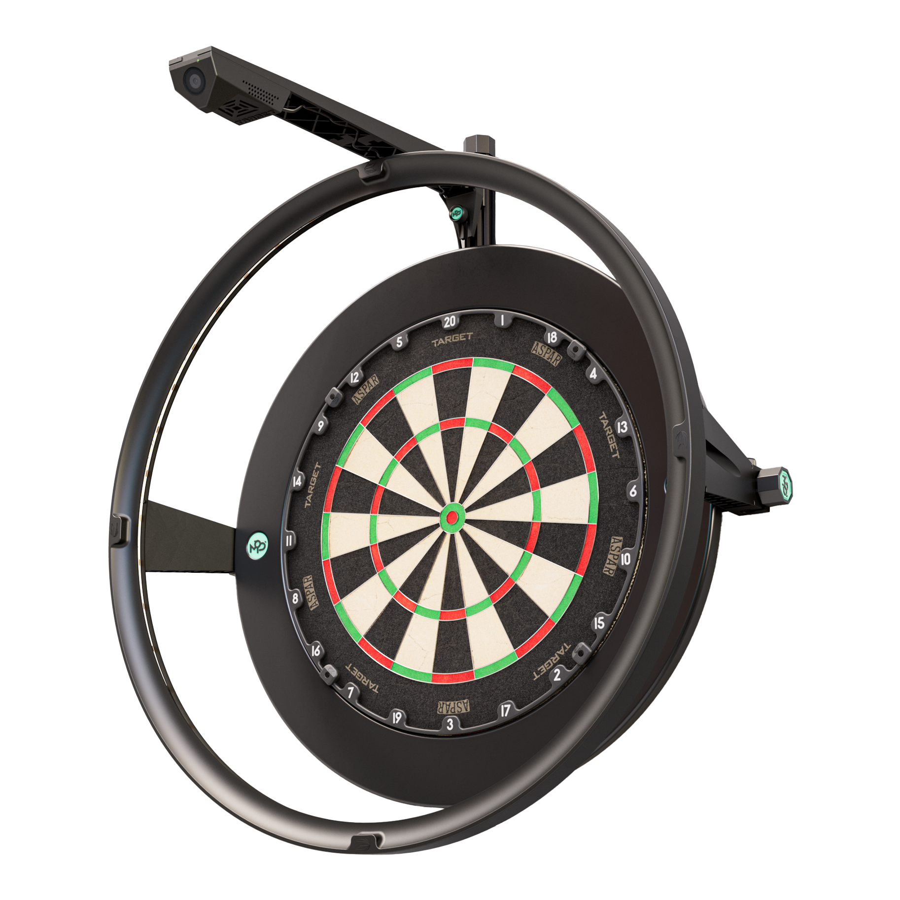 Caméra Target VIRT Das Bild zeigt das Produkt "Target VIRT Kamera", das eine Dartscheibe mit einer integrierten Kamera darstellt. Die Kamera ist oberhalb der runden Einfassung der Dartscheibe montiert.