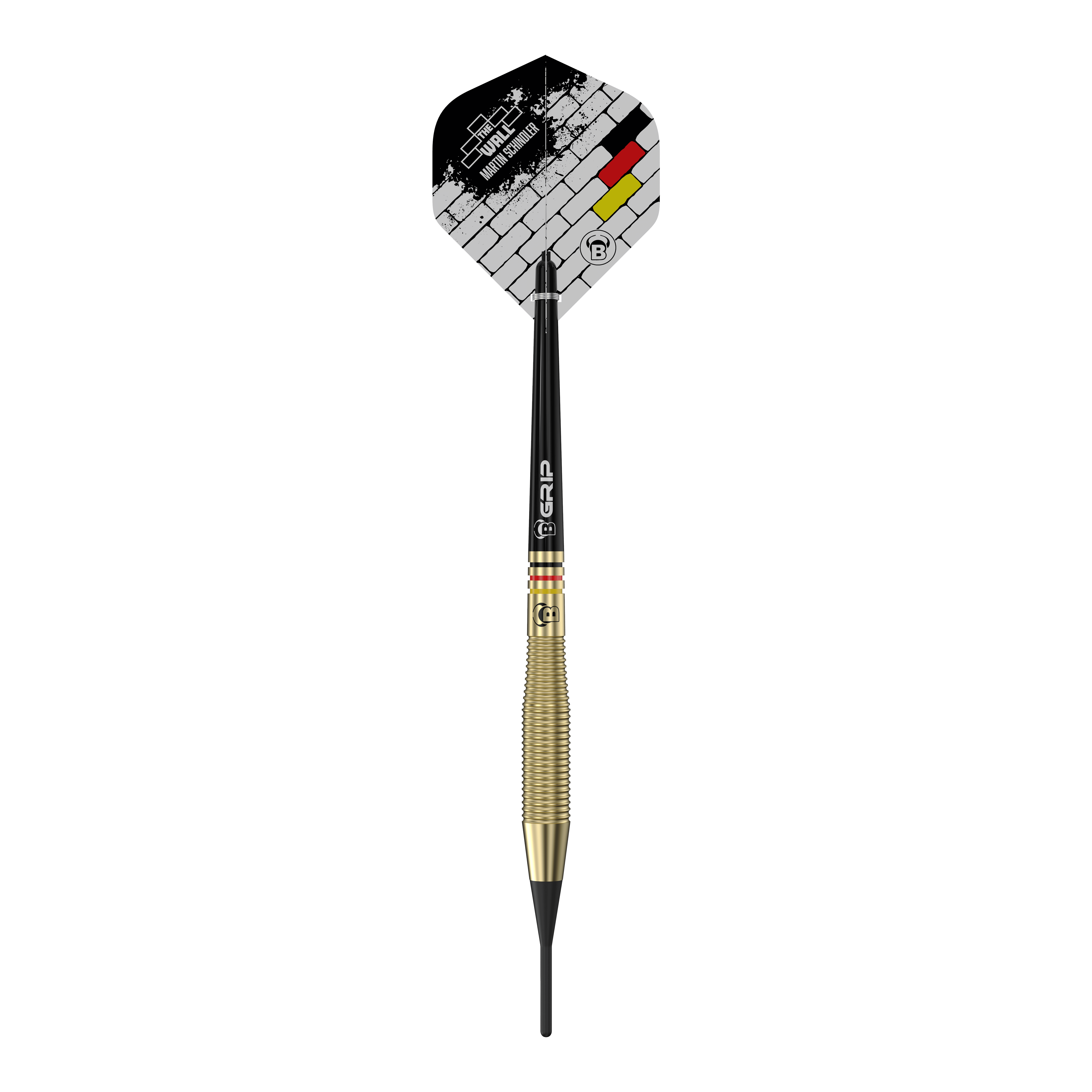Fléchettes en laiton Bulls Martin Schindler The Wall - 18 g Auf dem Bild ist der Softdart "Bulls Martin Schindler The Wall Brass Softdarts - 18g" zu sehen. Der Dart hat eine goldfarbene Griffzone und ein Flight-Design mit Mauer- und Deutschlandfarben.