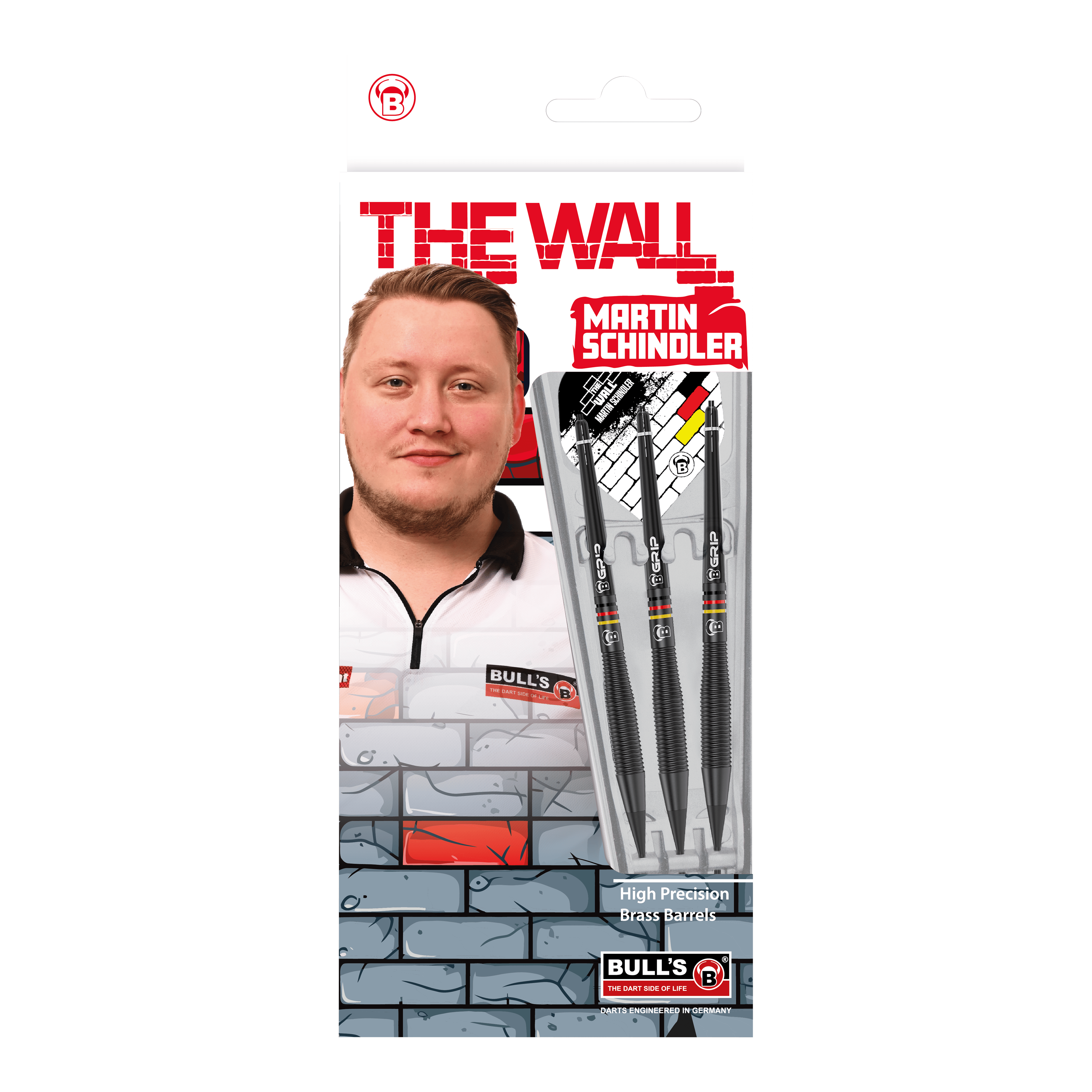 Das Bild zeigt die Verpackung der "Bulls Martin Schindler The Wall Black Brass Softdarts - 18g". Auf der Verpackung ist ein Foto von Martin Schindler sowie drei schwarze Softdarts zu sehen.