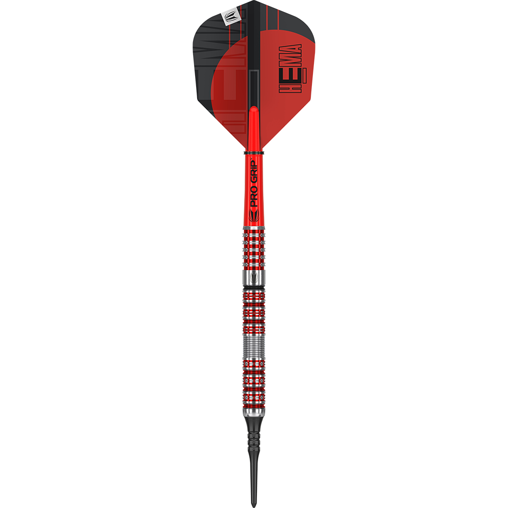 210094_Target_Hema_10_Softdarts_1Uo35jqSsYwB1u Das Bild zeigt einen Target Hema 10 Softdart mit rotem und silbernem Design. Der Dart hat eine schwarze Spitze, einen geriffelten Griff und einen roten Flight mit der Aufschrift "HEMA".