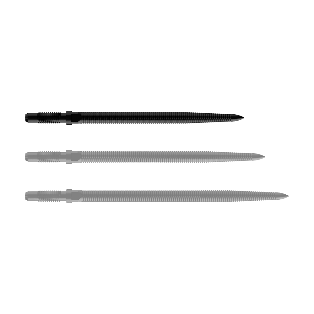 Pointes de fléchettes convertibles Bulls NL - Micro Grip - Noires Zu sehen ist eine schwarze Dartspitze mit feiner MicroGrip-Struktur. Das Produkt heißt BU57704_BullsNL_Convertible_Points_MicroGrip_Schwarz_32mm_1.