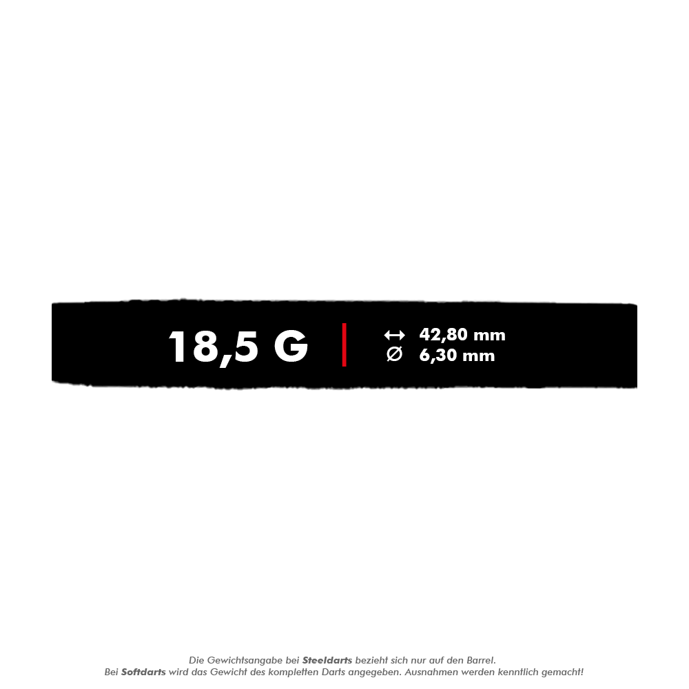 Fléchettes souples McDart 85 Tungstène V8 - 18,5 g Das Bild zeigt die technischen Daten der McDart 85er Tungsten V8 Softdarts mit einem Gewicht von 18,5 Gramm. Die Länge beträgt 42,80 mm und der Durchmesser 6,30 mm.