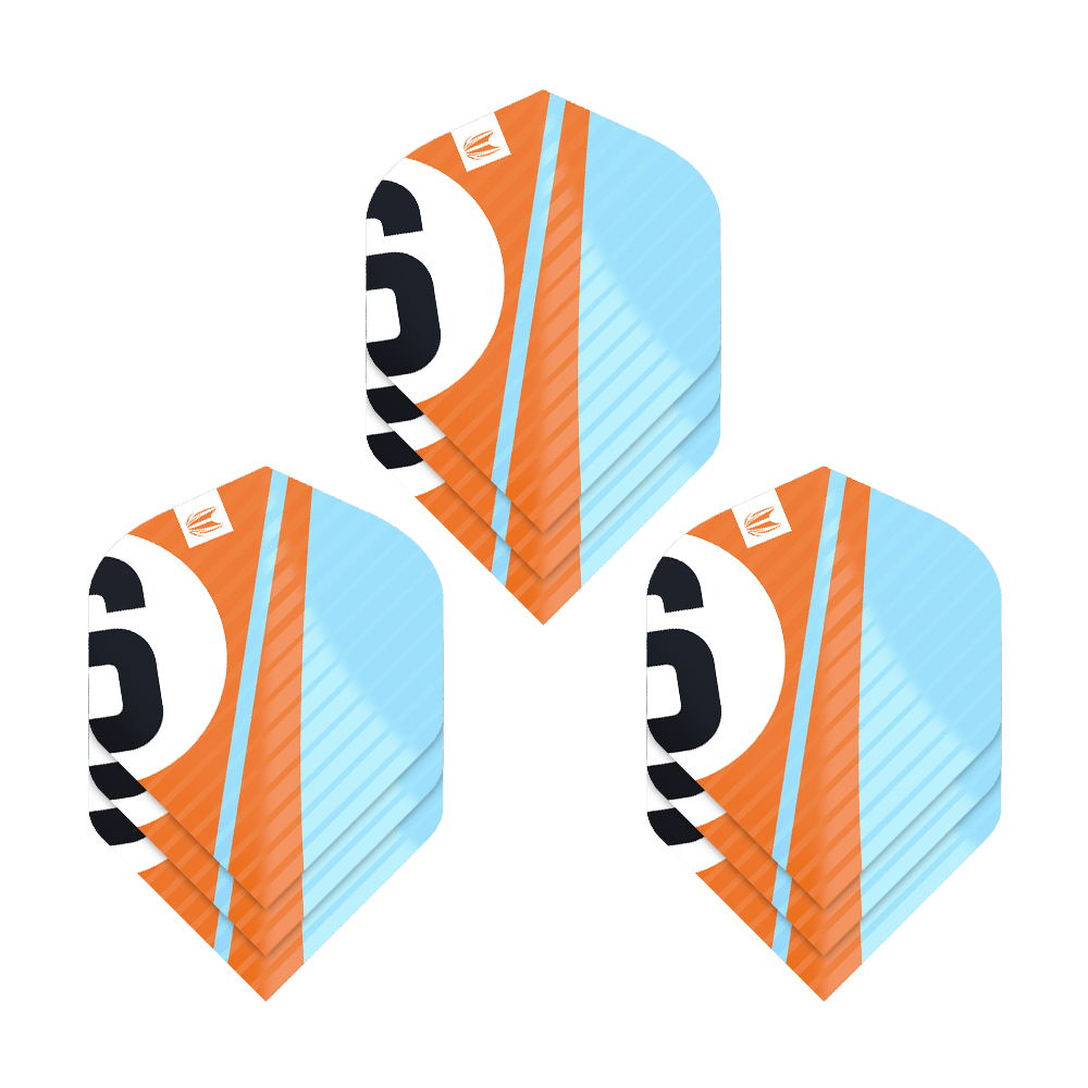 Das Bild zeigt drei Sets von Target Pro Ultra Chicane Orange No2 Standard Flights. Die Flights sind in den Farben Orange, Hellblau, Weiß und Schwarz gestaltet.