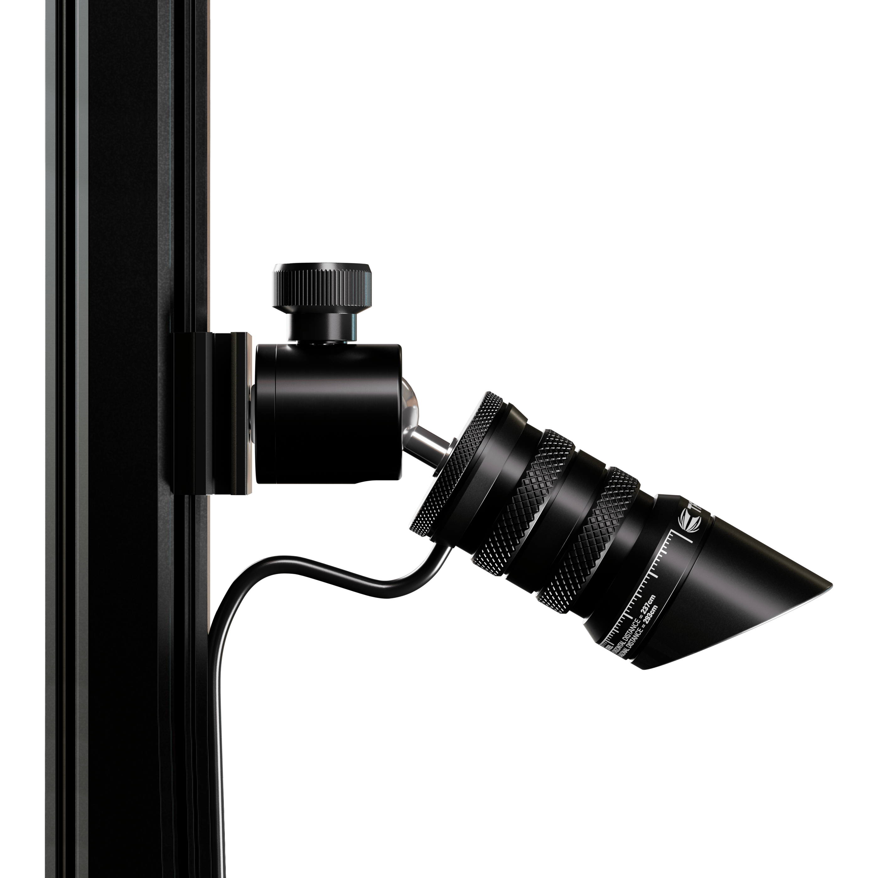 Das Bild zeigt das Produkt "Target MOD Laser Oche", das an einer vertikalen Stange befestigt ist. Es handelt sich um ein schwarzes, zylindrisches Gerät mit einem Kabelanschluss und feinen Details.