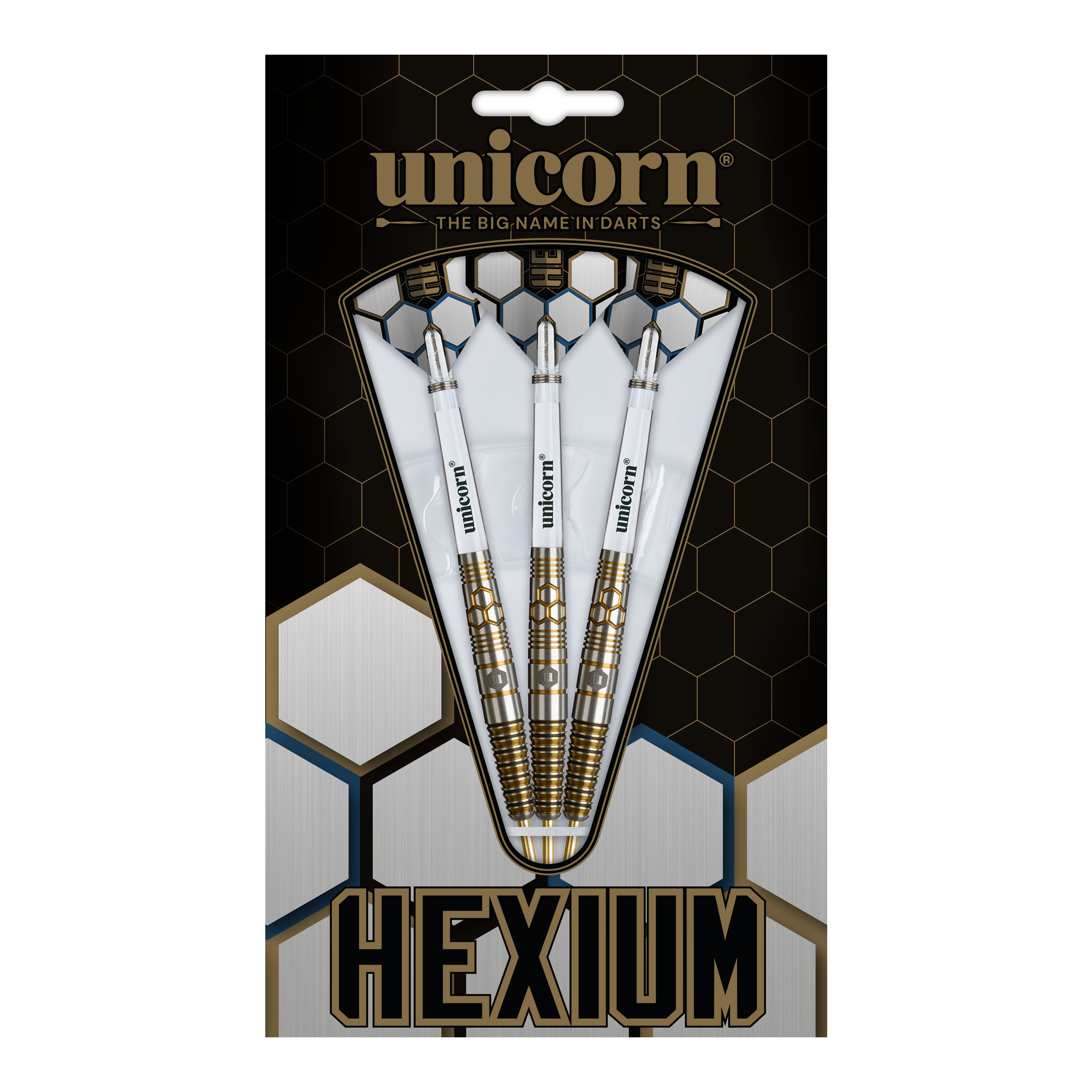 Fléchettes en acier Unicorn Hexium Style 03 or et noir Dies ist das Produkt Unicorn Hexium Style 03 Gold & Black Steeldarts. Drei Steeldarts in Gold und Schwarz sind abgebildet.