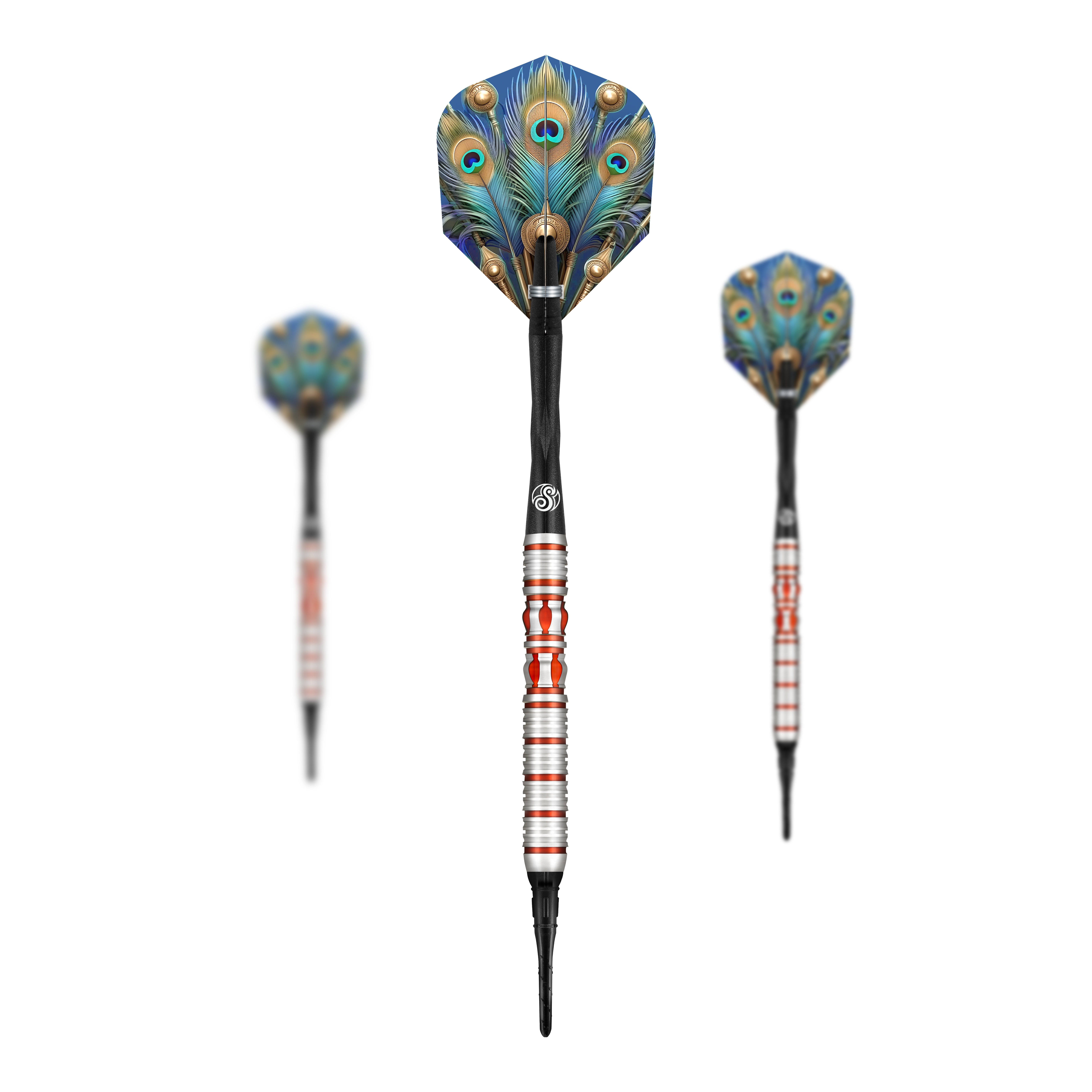 Fléchettes souples Juno de l'Empire romain Das Bild zeigt drei Softdarts des Modells „Shot Roman Empire Juno“. Die Flights sind mit einem auffälligen Pfauenfeder-Muster gestaltet.