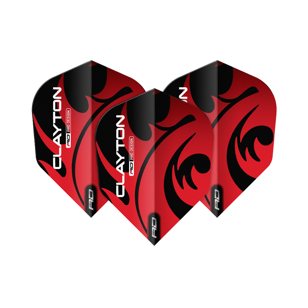 Dragon Rouge Jonny Clayton Rouge Noir N°6 Vols Auf dem Bild sind drei Dartflights des Produkts "Red Dragon Jonny Clayton Red Black No6 Flights" zu sehen. Die Flights sind rot-schwarz gestaltet und tragen den Aufdruck "CLAYTON".