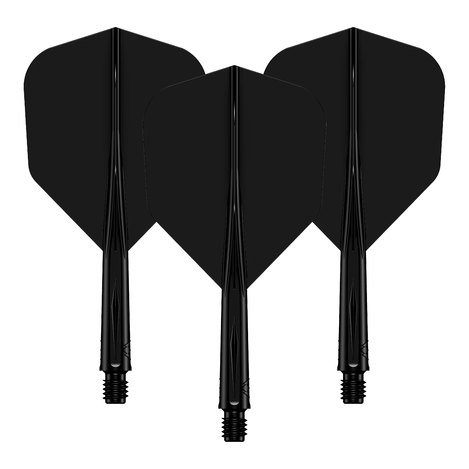Système d'arbre de transMission Mission Force 90 n° 6 - Noir Das Bild zeigt drei schwarze Dartflights mit passenden Dartschäften. Sie sind hintereinander angeordnet und haben eine glänzende Oberfläche.