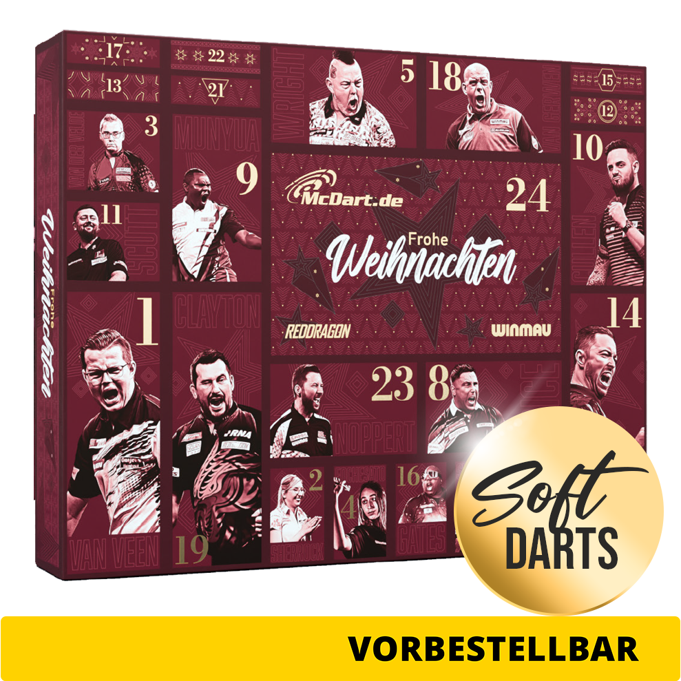 Calendrier de l'Avent McDart Premium 2026 pour les joueurs de fléchettes souples Abgebildet ist der McDart Premium Adventskalender 2026 für Softdart-Spieler. Dieser Adventskalender richtet sich an Softdart-Fans.