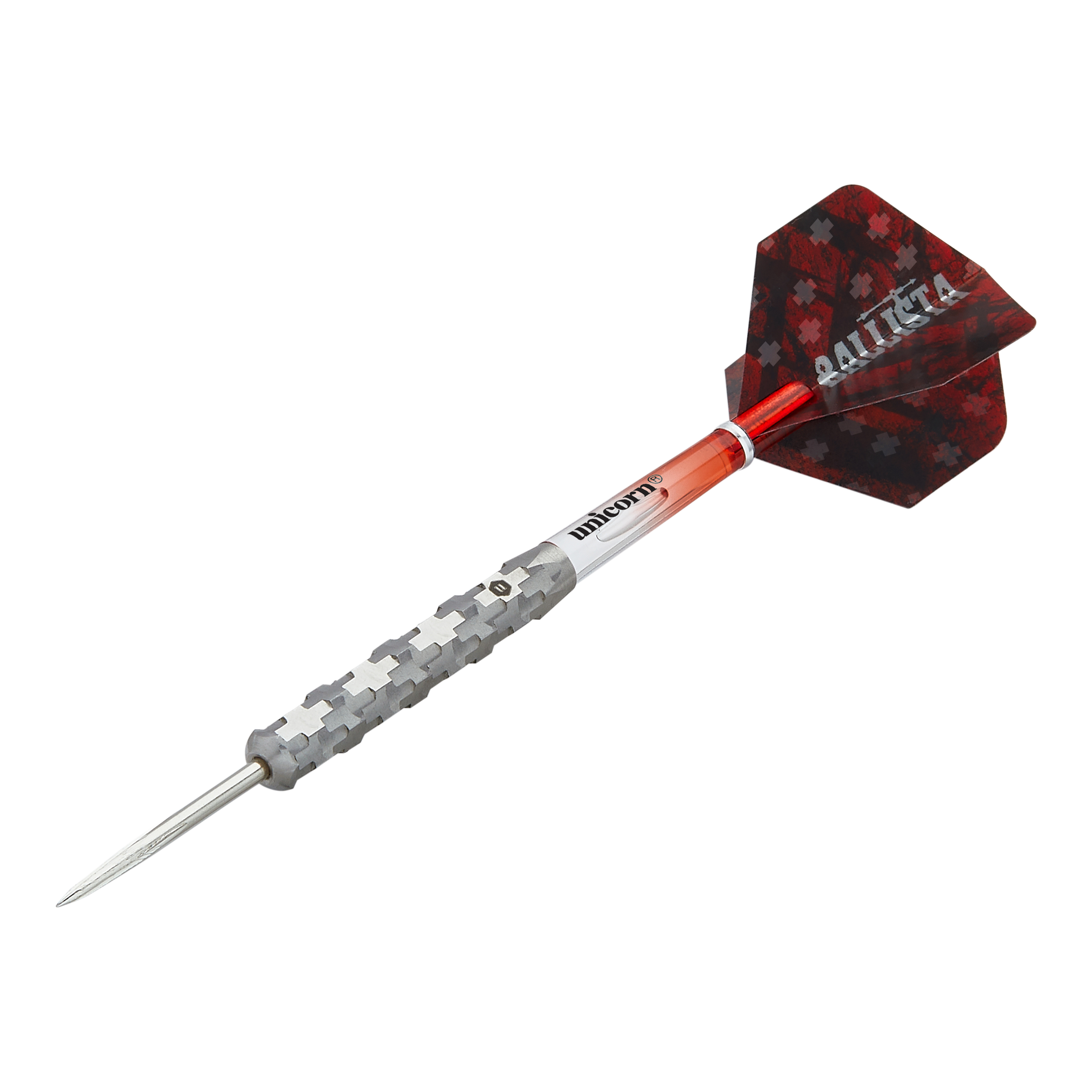 Fléchettes en acier Unicorn Ballista Style 1 Dies ist ein Steeldart aus der Produktreihe "Unicorn Ballista Style 1". Er hat einen silbernen, strukturierten Schaft und rote Flights mit Muster.