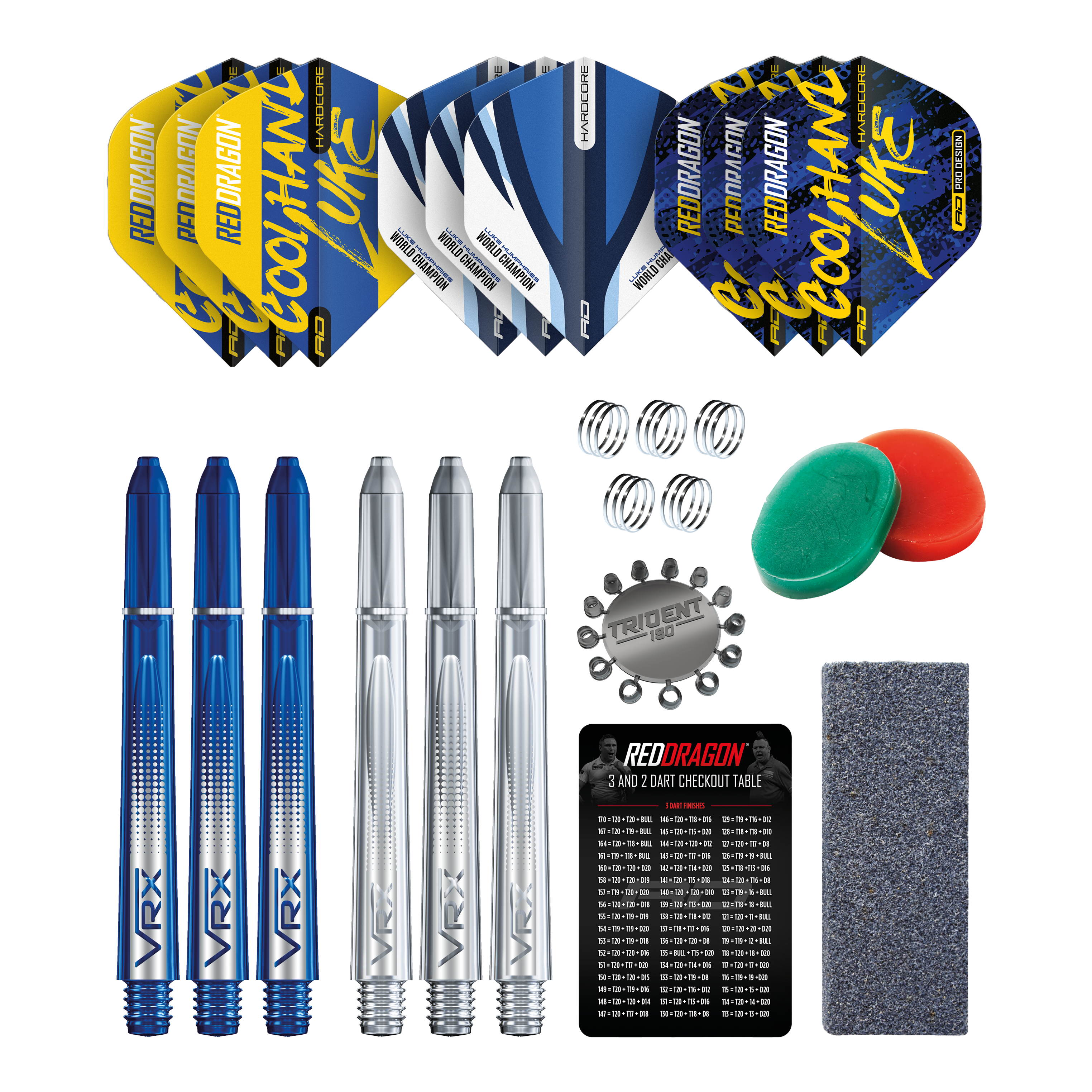 Pack d'accessoires Red Dragon Luke Humphries Optima Das Bild zeigt das Red Dragon Luke Humphries Optima Zubehör Pack für Darts. Enthalten sind Flights, Shafts, Federn, Tridents, ein Schleifstein, ein Checkout-Table, sowie weiteres nützliches Dartzubehör.