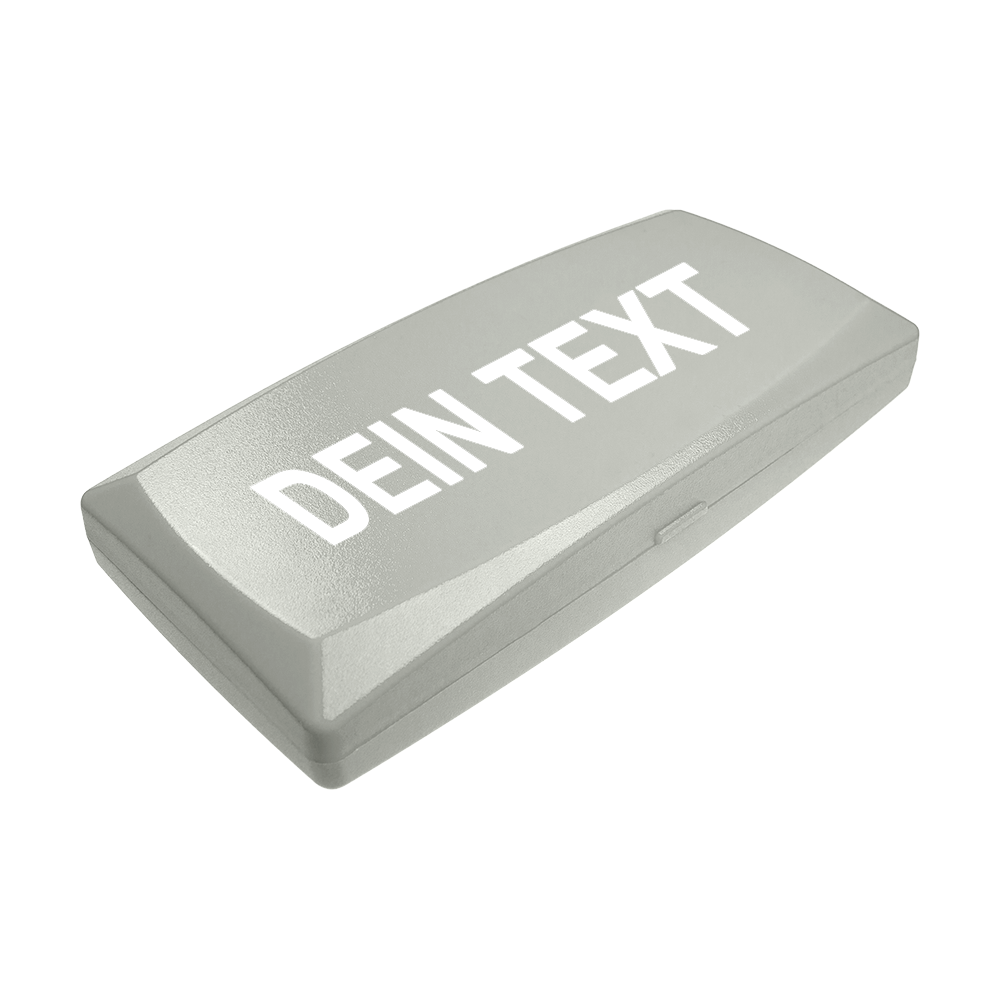 Boîte en ABS avec impression personnalisée Auf dem Bild ist eine graue Kunststoffbox zu sehen. Auf dem Deckel steht in großen weißen Buchstaben "DEIN TEXT".