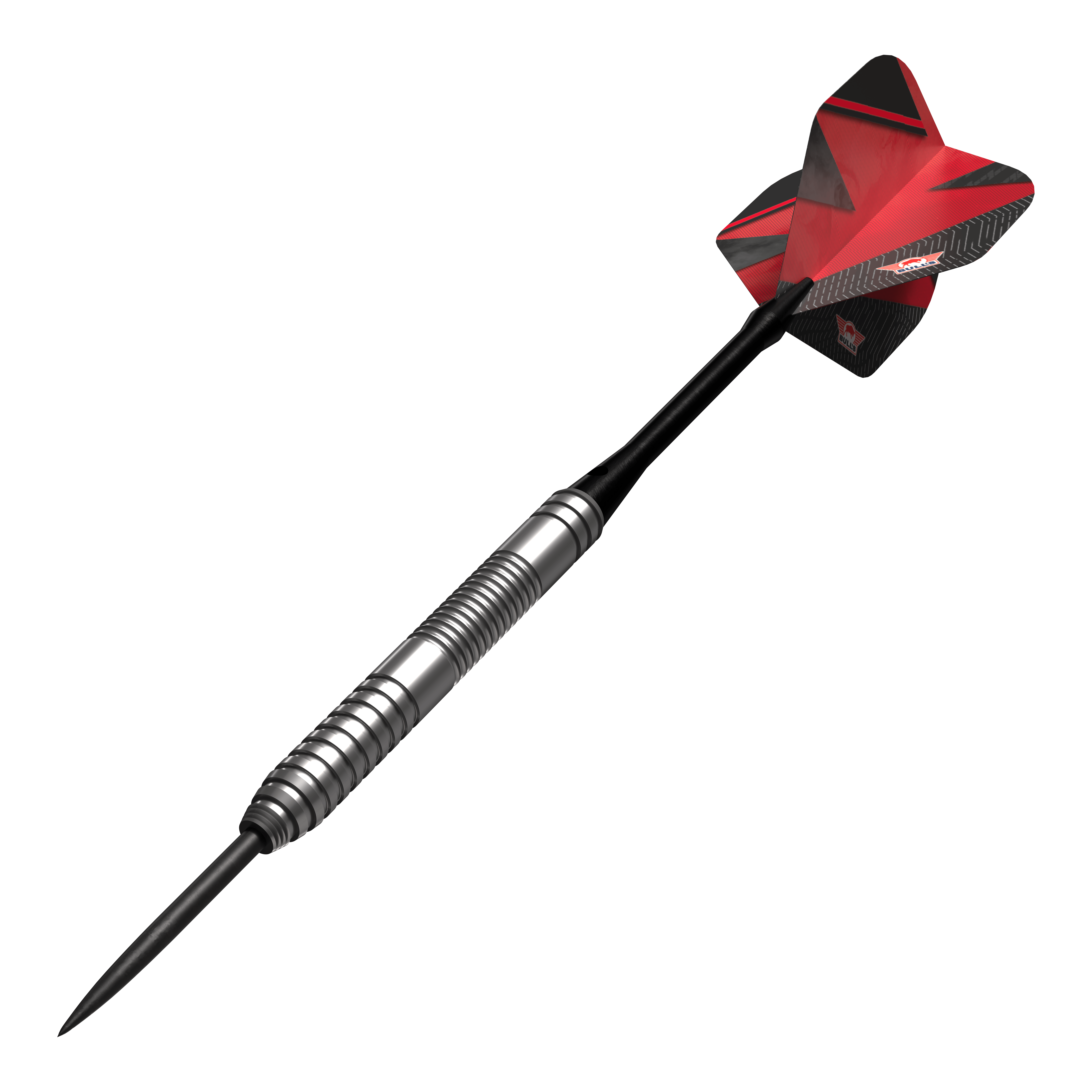 Fléchettes en acier rouge Bulls NL Lightning Das Bild zeigt einen Bulls NL Lightning Red Steeldart mit silbernem Barrel und roten Flights. Der Dart hat ein modernes Design und ist für Präzision beim Spielen gemacht.