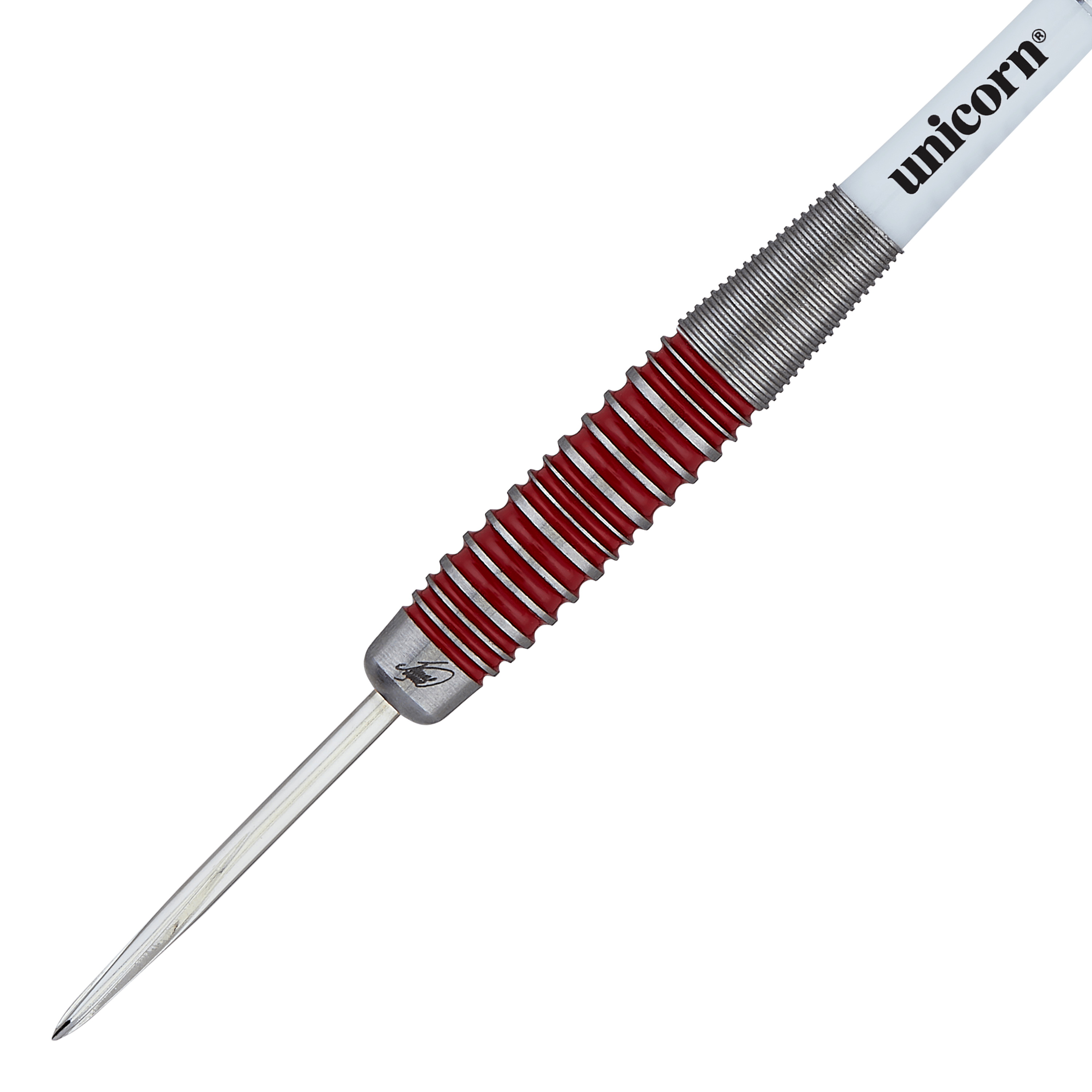 Fléchettes Unicorn The Machine James Wade 90% acier Das Bild zeigt einen Steeldartpfeil der Marke Unicorn aus der "The Machine James Wade 90%" Serie. Der Dart hat ein silbernes und rotes Griffstück sowie eine weiße Schaft mit dem Schriftzug "unicorn".