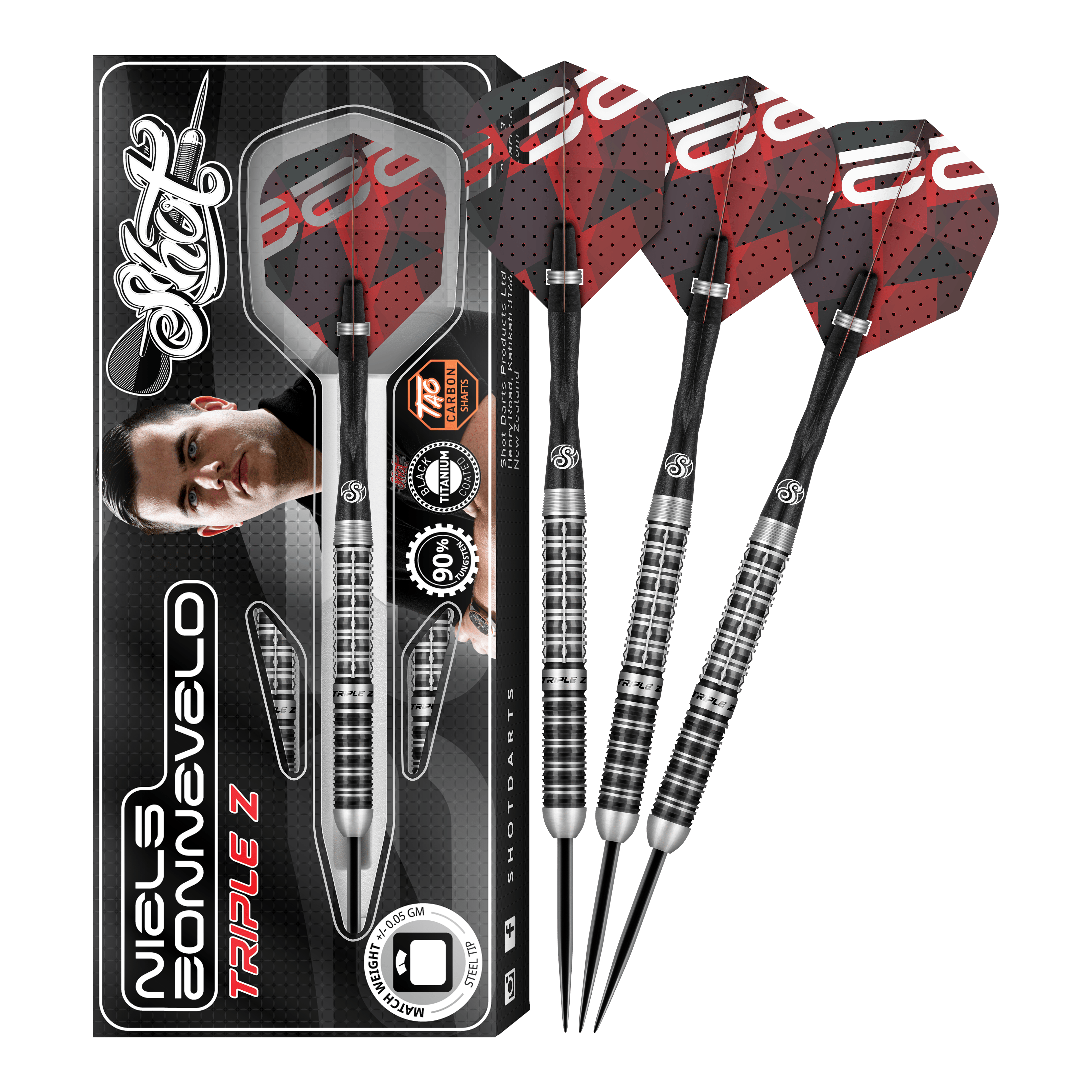 Fléchettes en acier Shot Niels Zonneveld V2 Das Bild zeigt das Produkt "Shot Niels Zonneveld V2 Steeldarts" samt Verpackung und vier Steeldarts. Die Darts haben ein silber-schwarzes Design mit roten Flights.