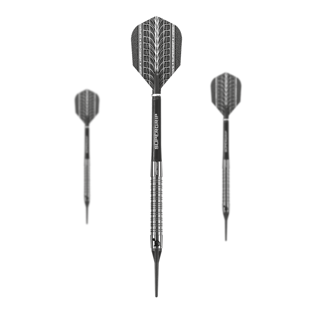 Fléchettes Harrows Supergrip 90% souples Das Bild zeigt drei Harrows Supergrip 90% Softdarts mit silbernem, gerilltem Barrel. Die Flights sind schwarz mit einem auffälligen Muster gestaltet.