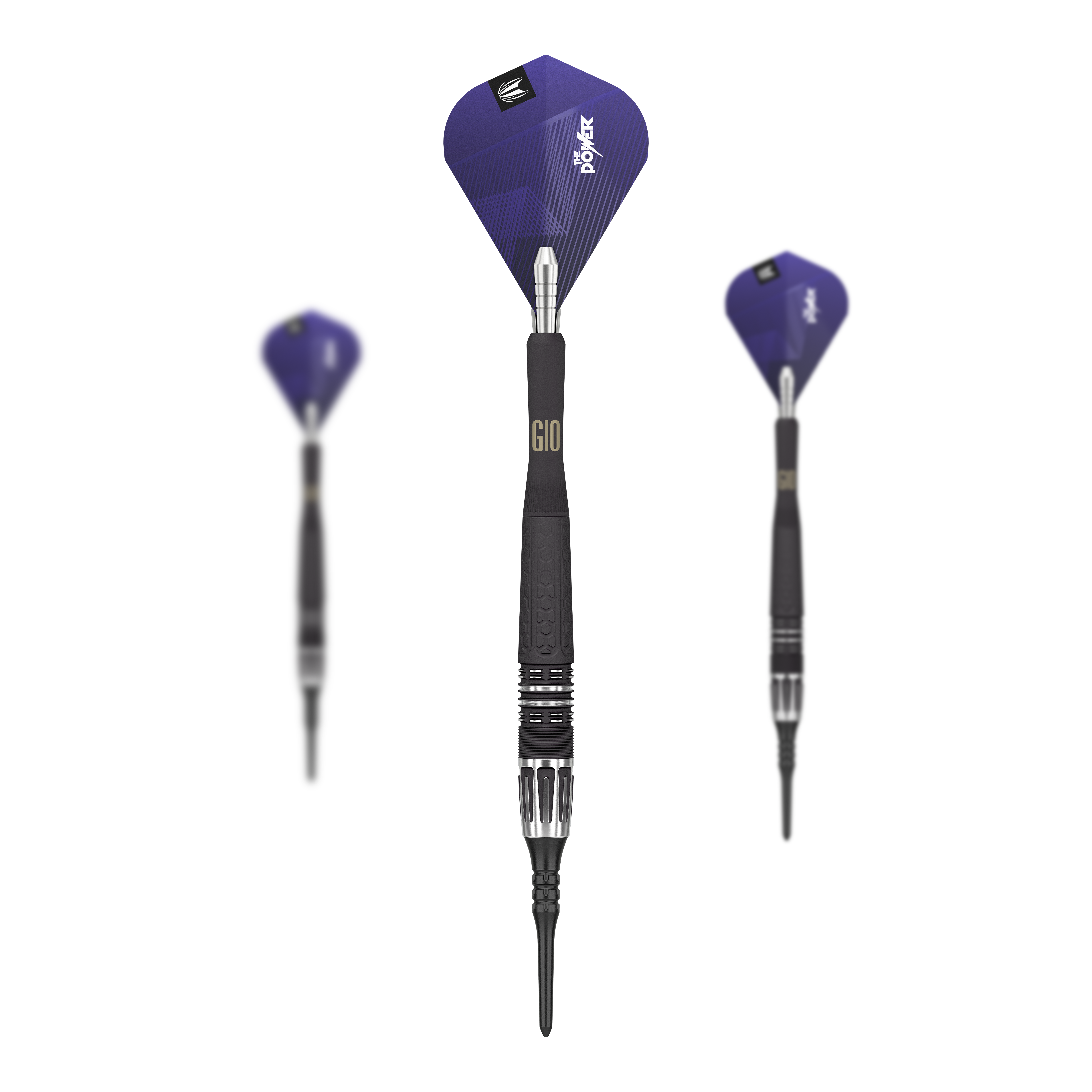 Fléchettes souples Target Phil Taylor Power 9Five GEN10 Auf dem Bild sind drei Target Phil Taylor Power 9Five GEN10 Softdarts zu sehen. Die Darts haben schwarze Griffe und blaue Flights mit dem Aufdruck "Power".