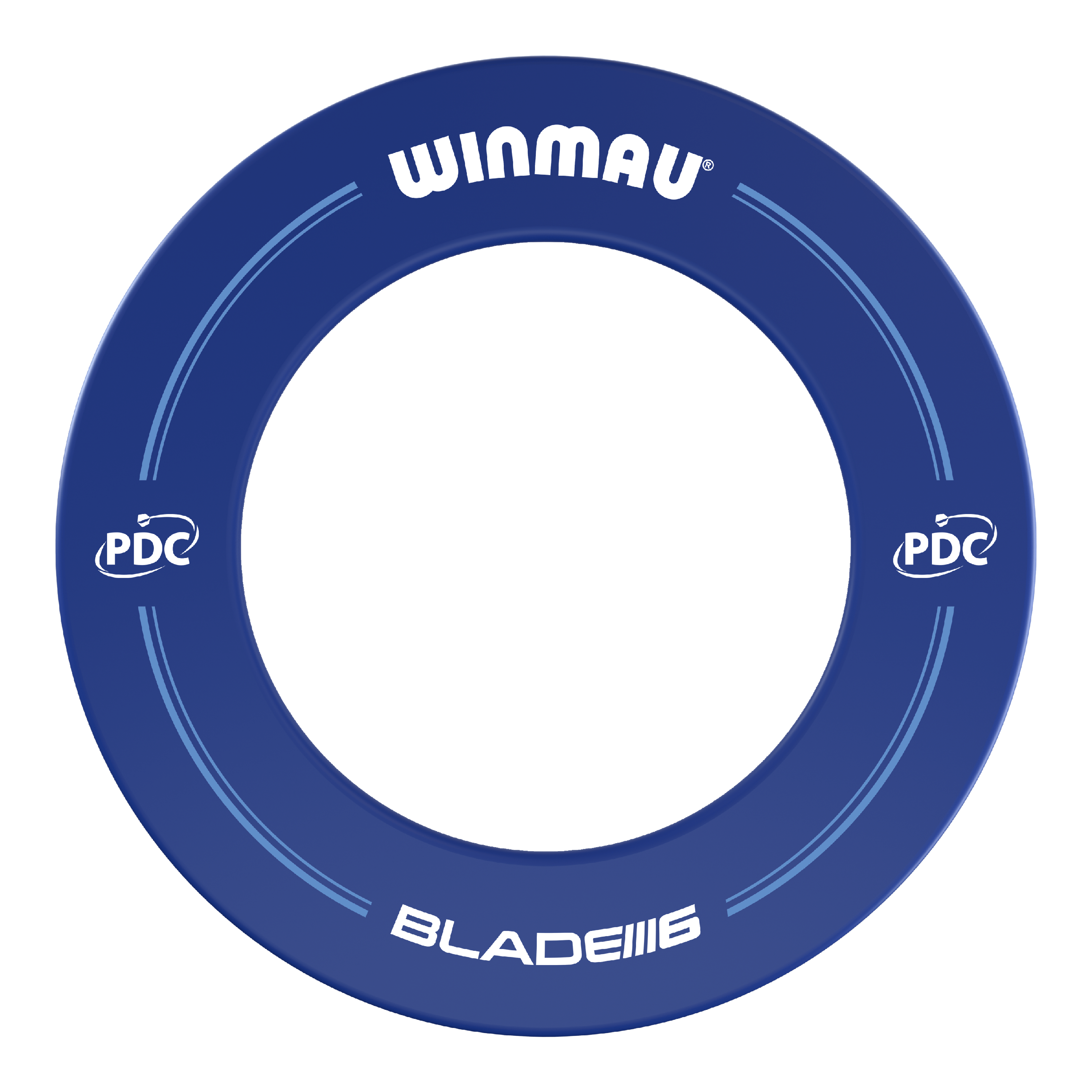 Cadre de fléchettes Winmau PDC - Bleu Das Bild zeigt einen blauen Dartboard-Surround der Marke Winmau mit PDC-Logo. Auf dem Ring stehen die Worte "WINMAU" und "BLADE 6".