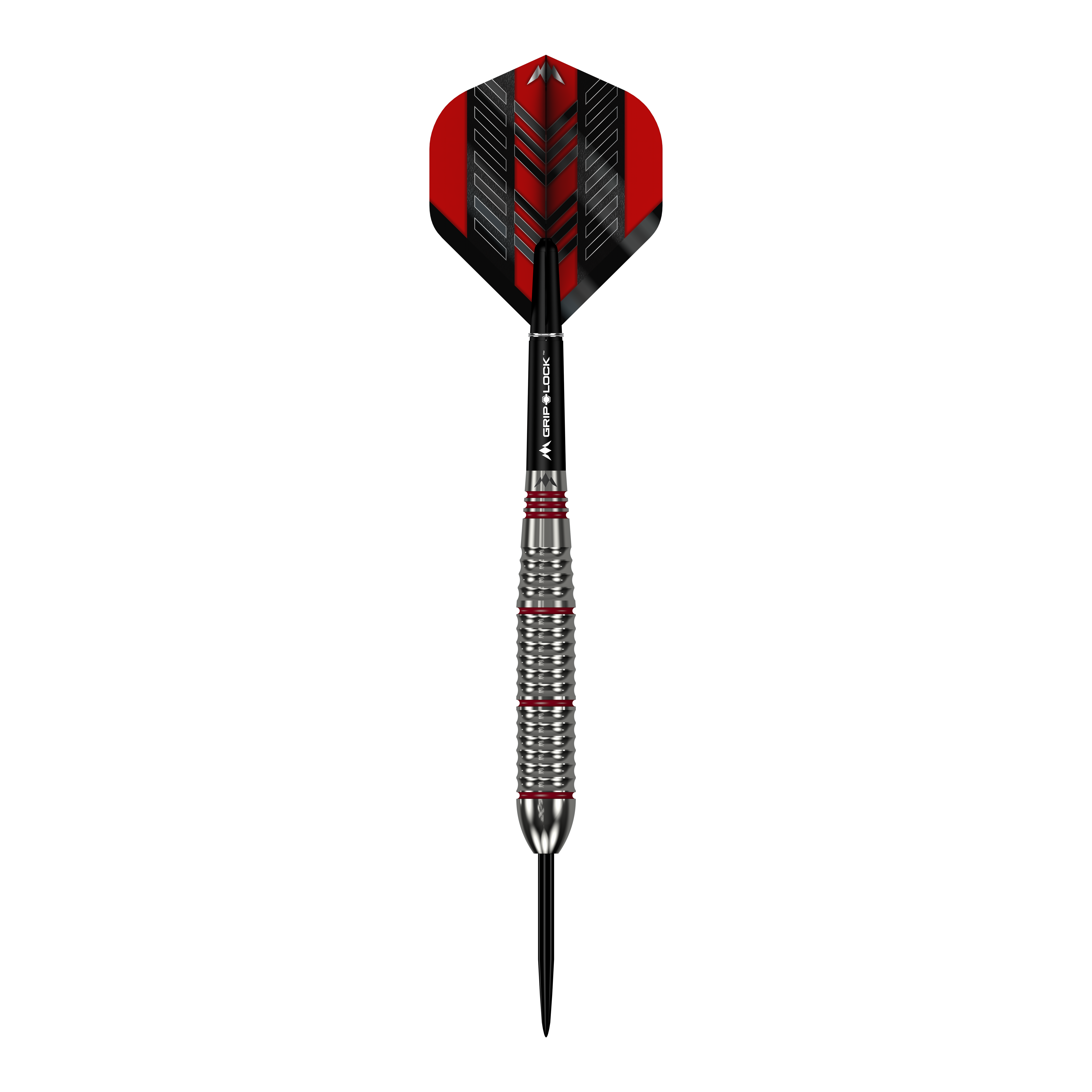 Fléchettes Mission Rogue en acier laitonné - 22 g Das Bild zeigt einen Mission Rogue Brass Steeldart mit einem Gewicht von 22 Gramm. Der Dart hat ein silbernes, geriffeltes Barrel und rote sowie schwarze Akzente an Flight und Shaft.