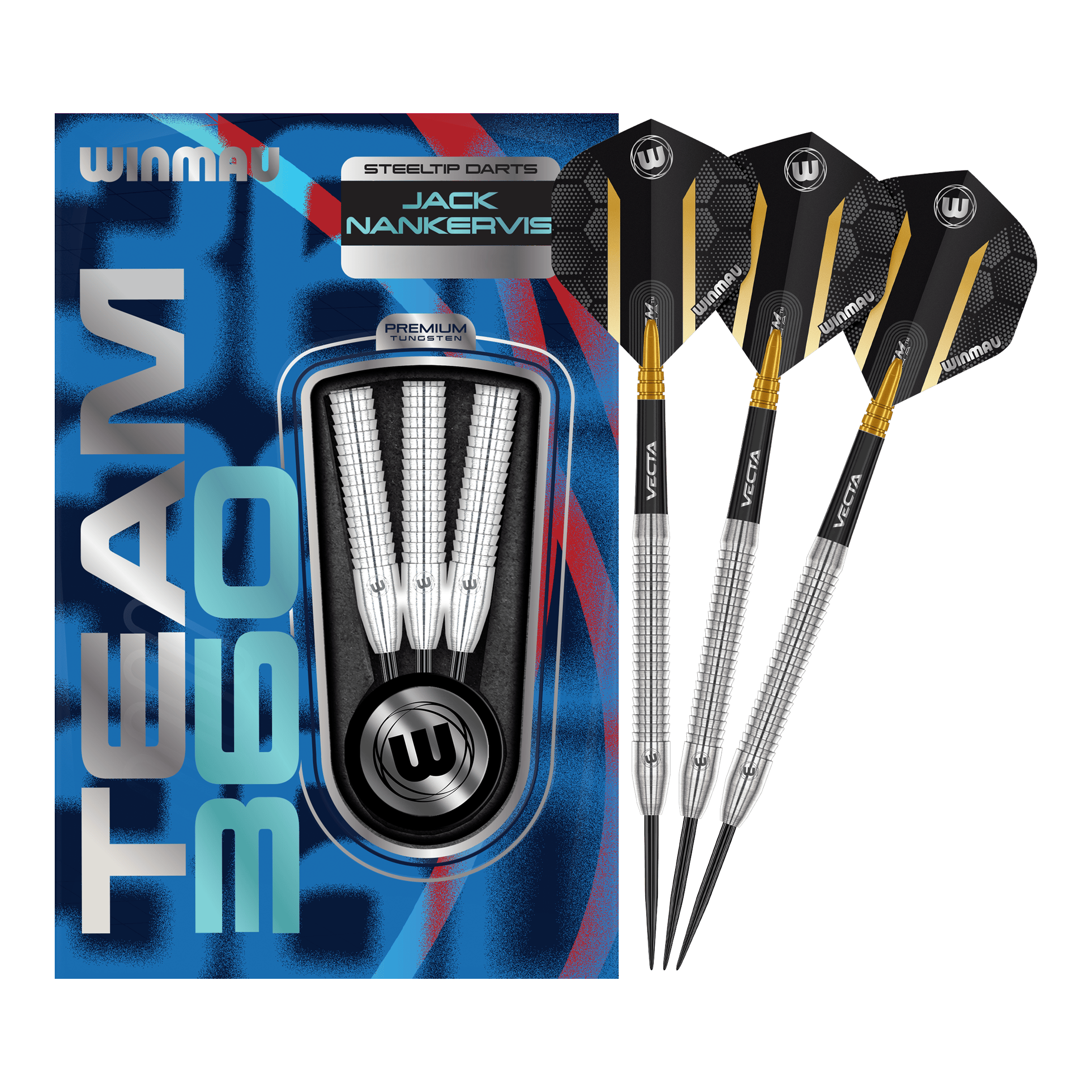Fléchettes en acier Winmau Team 360 Jack Nankervis - 24 g Auf dem Bild sind die Winmau Team 360 Jack Nankervis Steeldarts mit 24g zu sehen. Diese Steeldarts bieten eine ausgezeichnete Kontrolle beim Wurf.