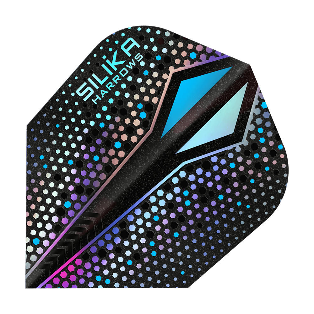 Harrows Silika Colourshift Revêtement cristallin résistant Argent-X No6 Vols Das Bild zeigt ein Dart-Flight mit dem Namen "Harrows Silika Colourshift Tough Crystalline Coating Silver-X No6". Das Flight hat ein glänzendes, sechseckiges Muster mit schimmernden Farben und einem markanten blauen Designelement.