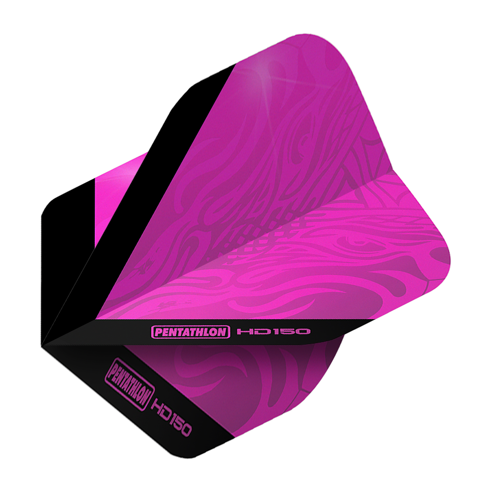 Volets standard Pentathlon HD150 rose métallisé Das Bild zeigt das Produkt "Pentathlon HD150 Metallic Pink Standard Flights". Es handelt sich um ein Dart-Flight in metallischem Pink mit schwarzen Akzenten und Markenaufdruck.