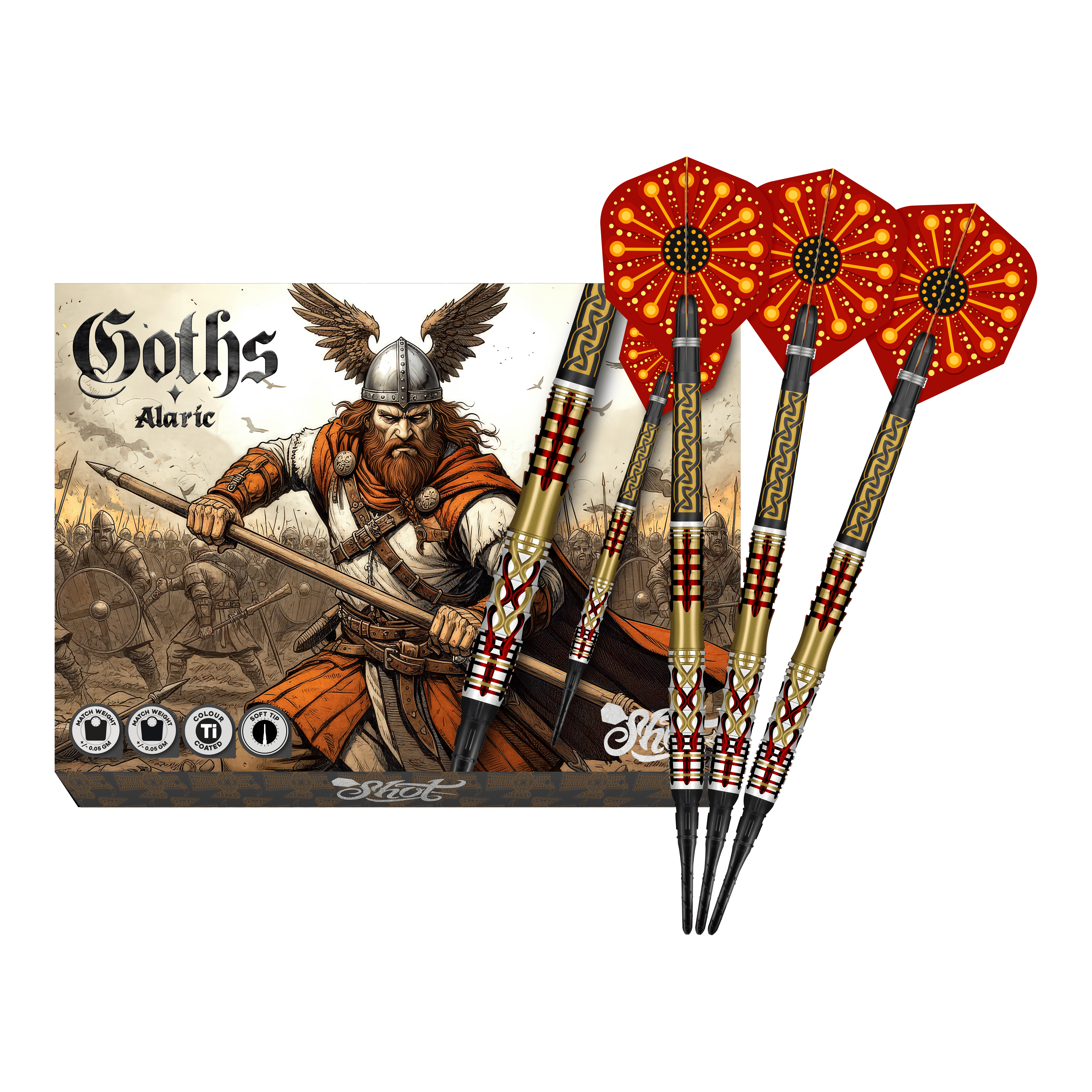 Abgebildet sind die Shot Goths Alaric Softdarts - 20g in voller Ansicht. Die gesamte Länge der Darts ist deutlich erkennbar.