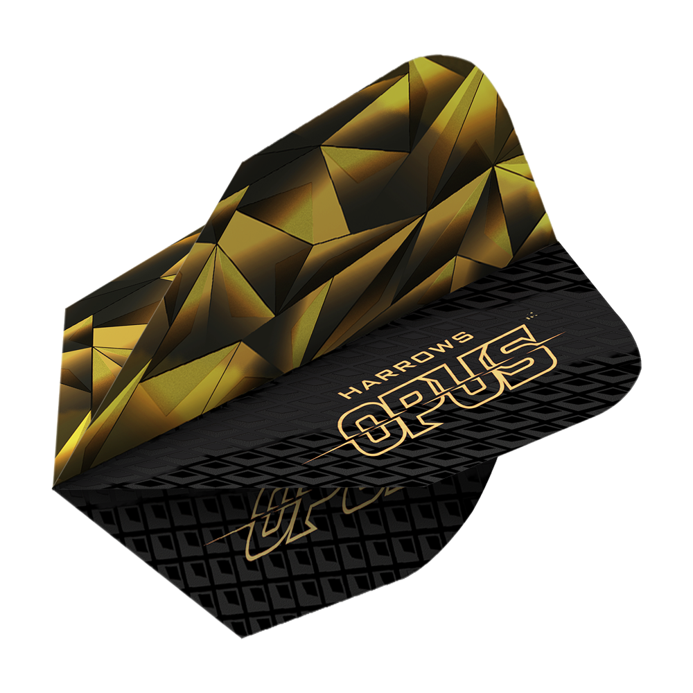 Vols de Harrow's Opus Version 1 Das Bild zeigt das Produkt "Harrows Opus Version 1 Flights". Das Design ist in Schwarz und Gold mit geometrischen Mustern und dem Schriftzug "OPUS" gestaltet.