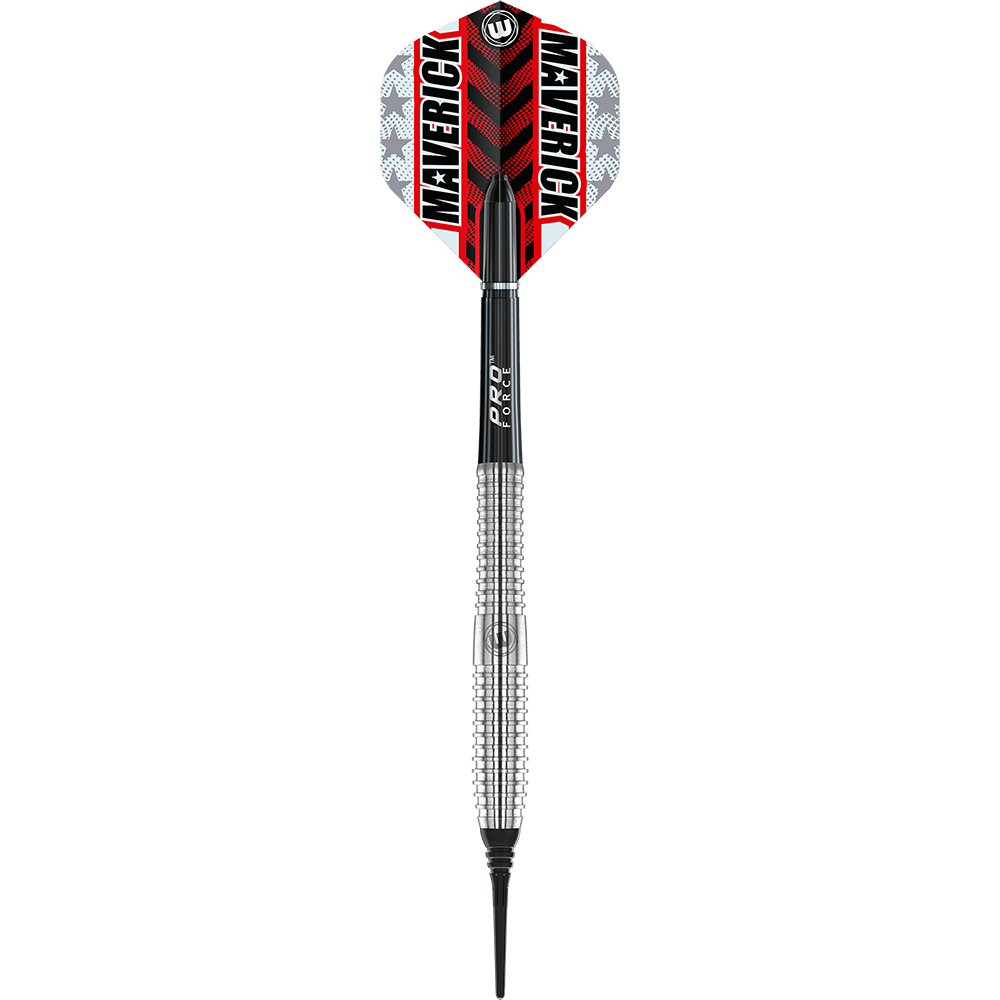2465_Winmau_Maverick_Softdarts_1 Das Bild zeigt einen Winmau Maverick Softdart mit einem Gewicht von 20 Gramm. Der Dart hat ein silbernes, geriffeltes Griffstück und eine schwarz-rote Flight mit der Aufschrift "MAVERICK".