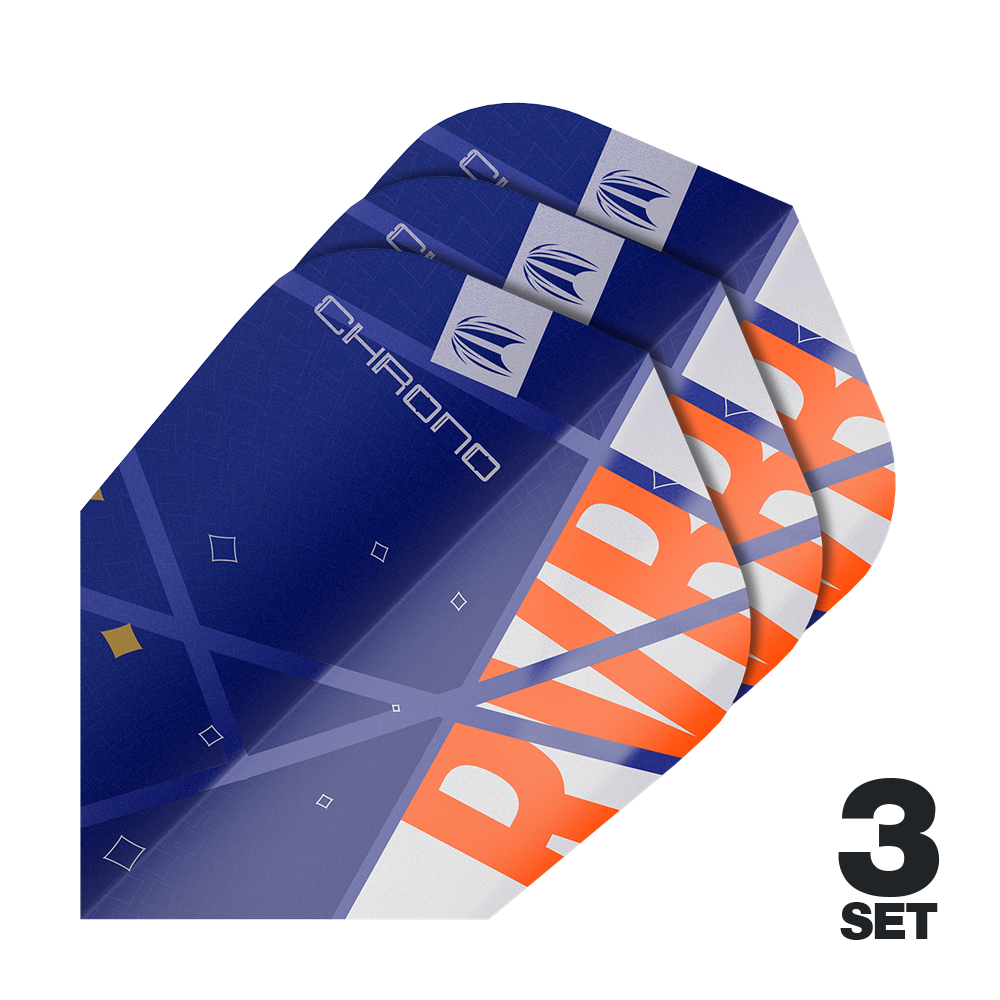 Ailettes standard Target Pro Ultra Raymond Van Barneveld Chrono Ten-X - 3 jeux Auf dem Bild sind drei Sätze von Target Pro Ultra Raymond Van Barneveld Chrono Ten-X Standard Flights zu sehen. Die Flights sind überwiegend blau mit orangefarbenen und weißen Akzenten gestaltet.