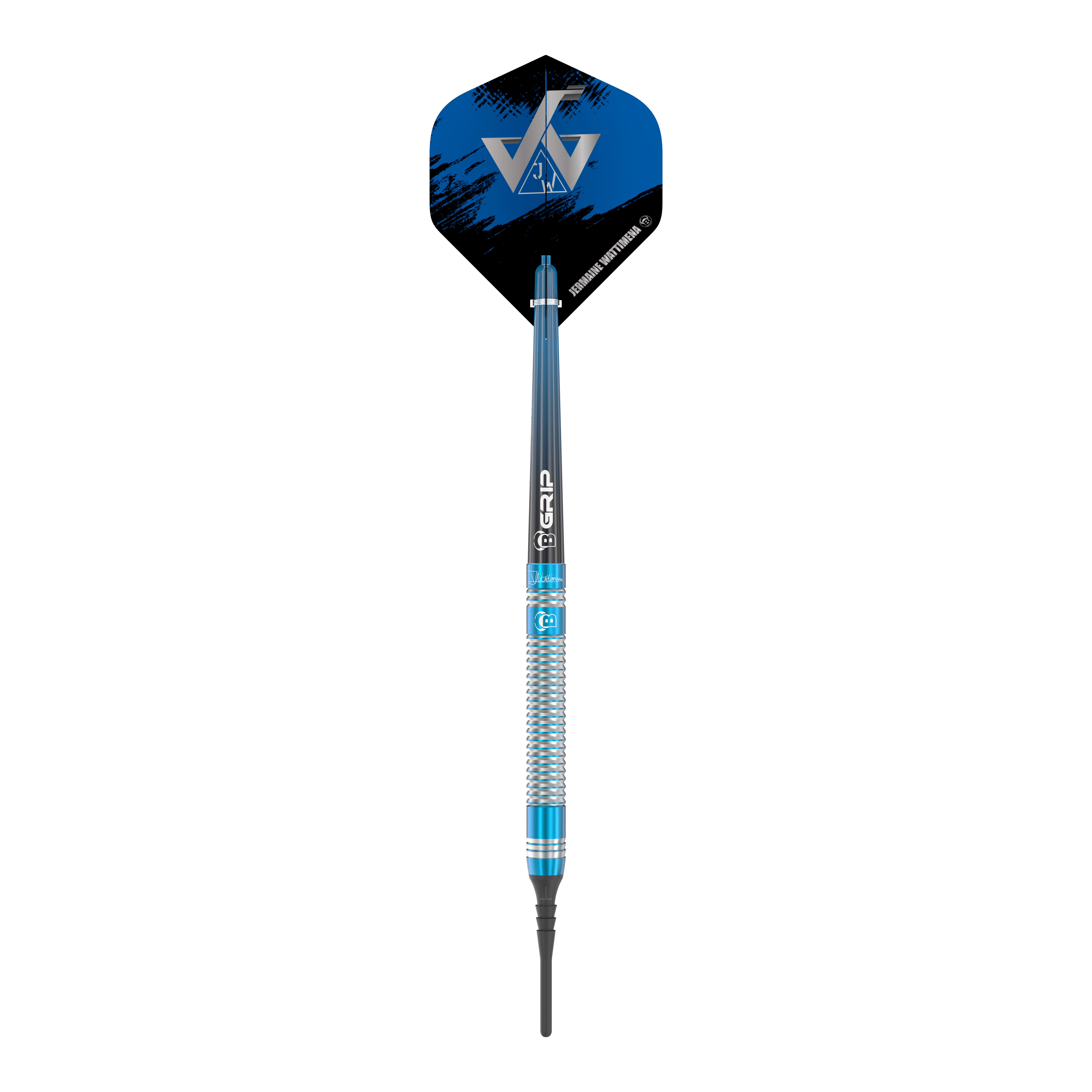 Fléchettes souples Bulls Jermaine Wattimena Génération 3 - 20 g Das Bild zeigt einen Bulls Jermaine Wattimena Generation 3 Softdart mit 20g Gewicht. Der Dartpfeil hat ein auffälliges blau-silbernes Design und ein schwarzes Flight mit silbernem Logo.