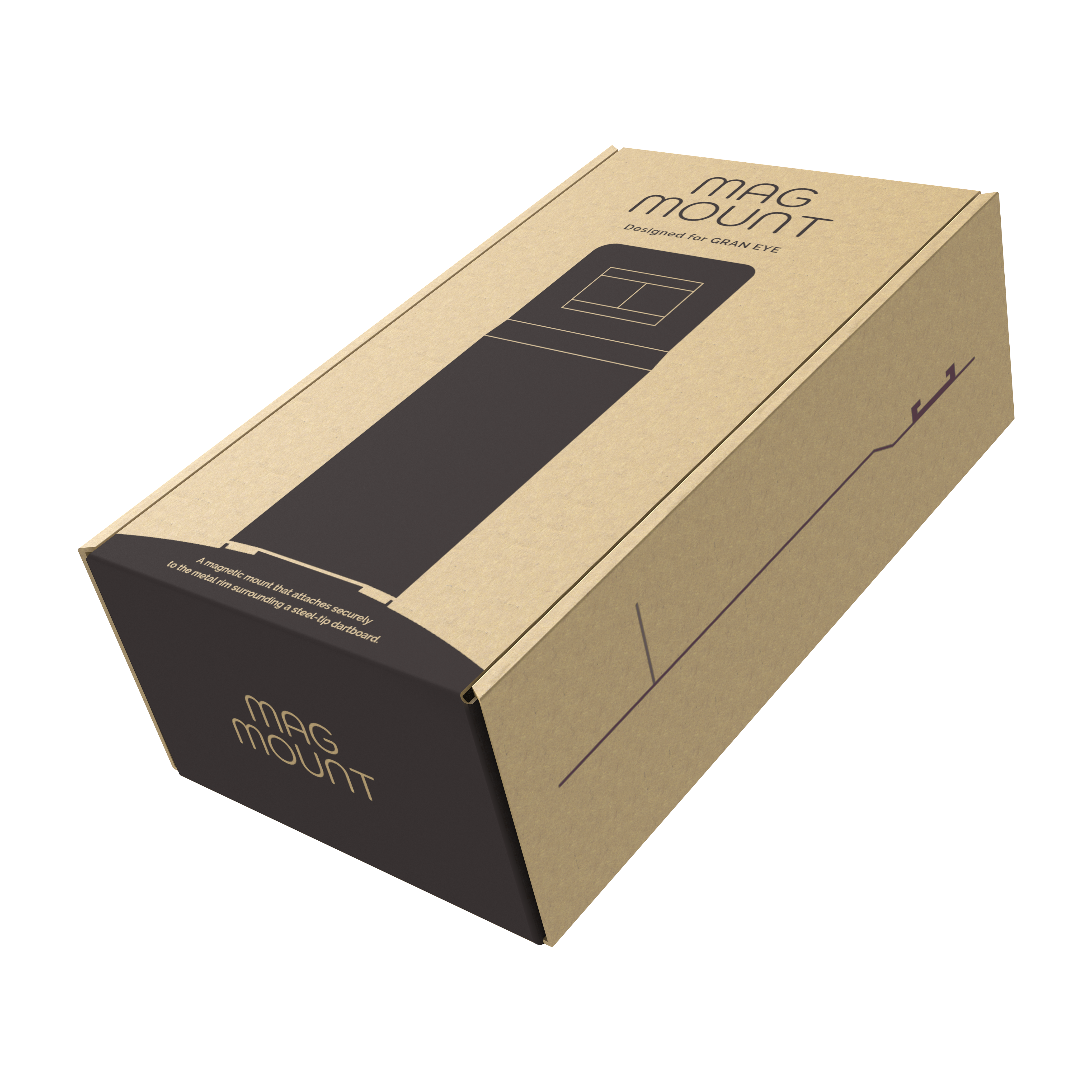 Support magnétique GranDarts Gran Eye Die Abbildung zeigt eine Verpackung des Produkts "GranDarts GranEye Mag Mount Befestigung". Die Schachtel ist aus braunem Karton und trägt die Aufschrift "Mag Mount".